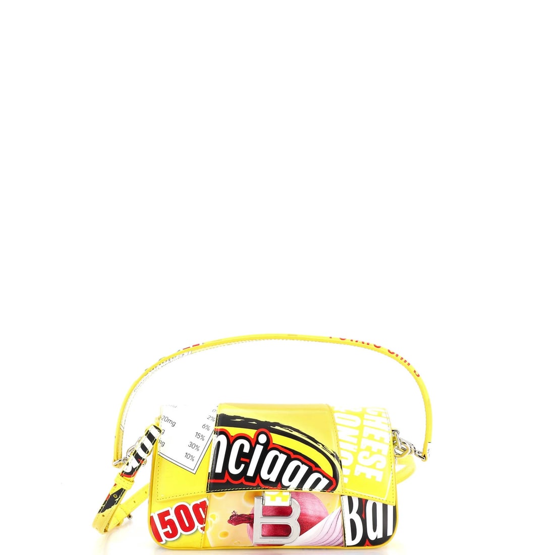 Small Leather Printed Bag Convertible Hourglass Sling Balenciaga: Small Leather Printed Bag Convertible Hourglass Sling Balenciaga Small Leather Printed Bag Convertible Hourglass Sling Balenciaga features a unique print on the exterior in a bright yellow color,