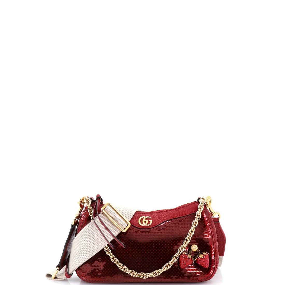 Gucci Small Ophidia Sequins Strawberry Bag Shoulder: Gucci Small Ophidia Sequins Strawberry Bag Shoulder Small Ophidia Sequins Strawberry Bag Shoulder from Gucci features a striking red sequin exterior and gold hardware, adding a touch of glamour to
