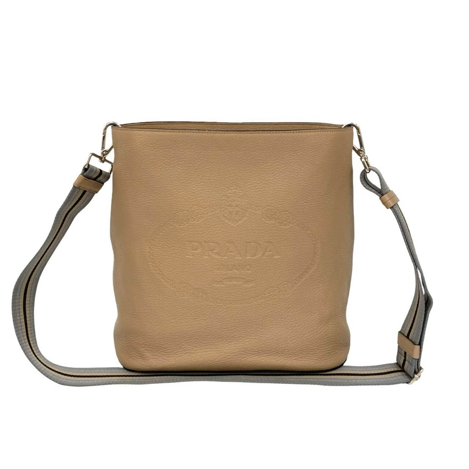 Shoulder Bag Leather Pochette Prada: Shoulder Bag Leather Pochette Prada This Prada leather pochette is a classic, understated design with a timeless beige color. Measuring 27cm x 36cm x 15cm, it features a sleek and sophisticated shape