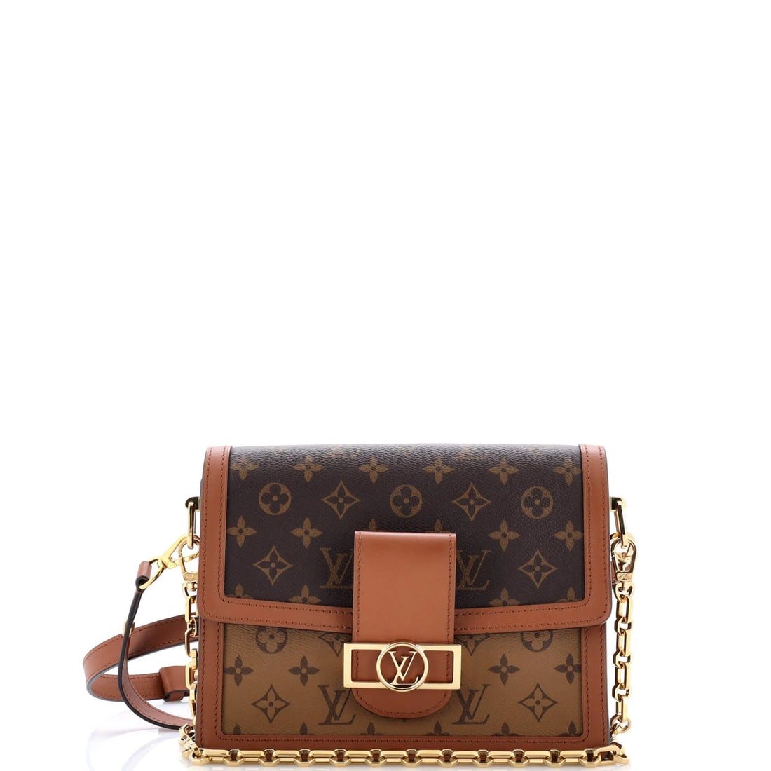Vuitton Louis Monogram Dauphine Reverse Shoulder Bag Canvas MM: Vuitton Louis Monogram Dauphine Reverse Shoulder Bag Canvas MM The Louis Vuitton Dauphine Reverse Shoulder Bag Canvas MM is a stylish and versatile accessory, featuring a classic brown canvas exterior