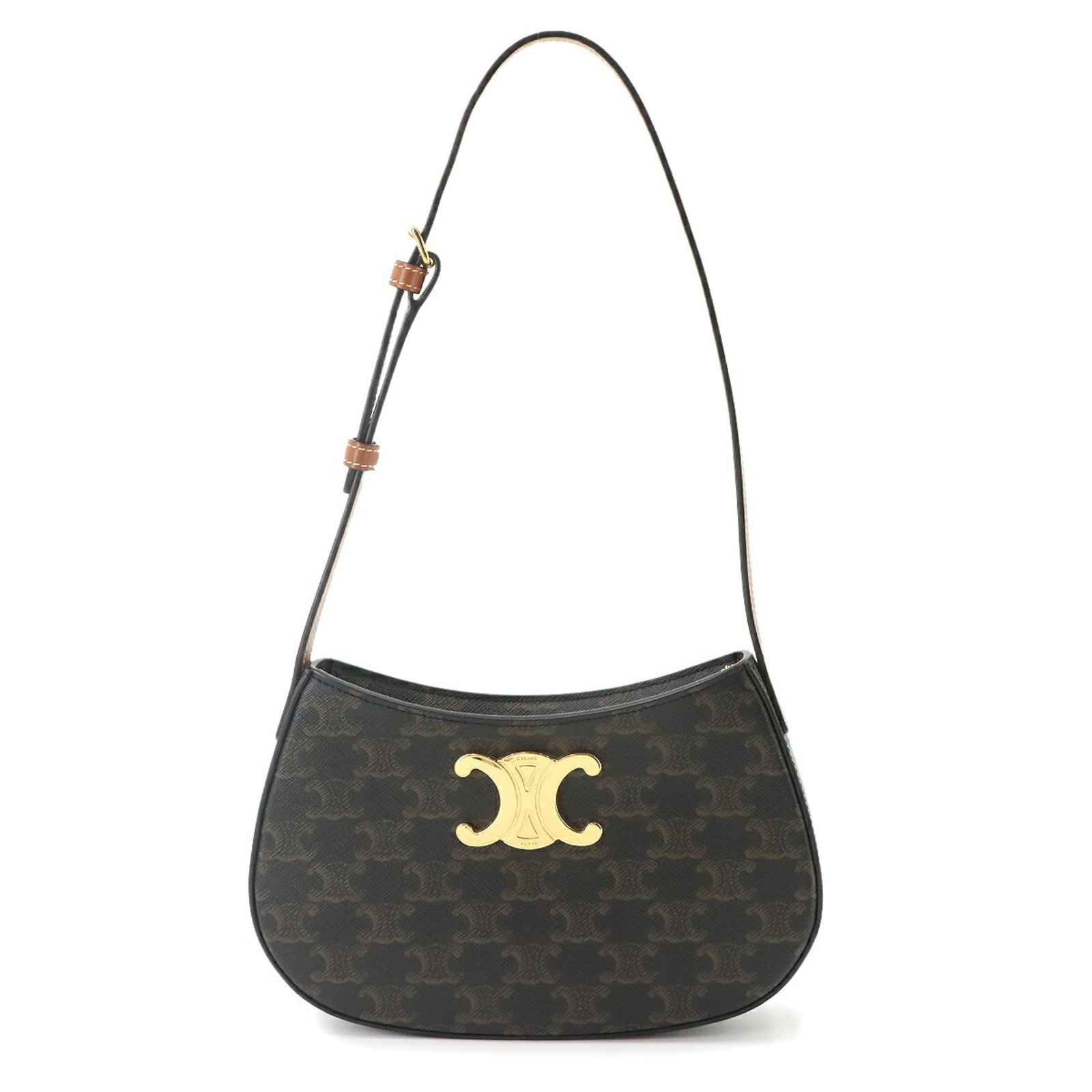 Shoulder Bag Pvc Leather Celine: Shoulder Bag Pvc Leather Celine Black PVC leather Celine shoulder bag with gold hardware, featuring a sleek design and adjustable strap length. The bag measures 14.5cm x 22.5cm x 4cm and weighs 305g, 