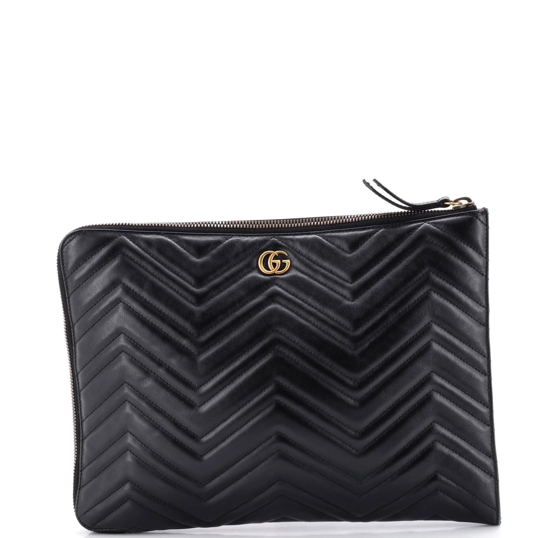 Marmont Leather Portfolio Matelasse Clutch Gucci GG: Marmont Leather Portfolio Matelasse Clutch Gucci GG Black Marmont Portfolio Matelasse Leather GG Clutch with Gold Hardware, featuring a classic design with edge wear and minor scuffs on the exterior, 