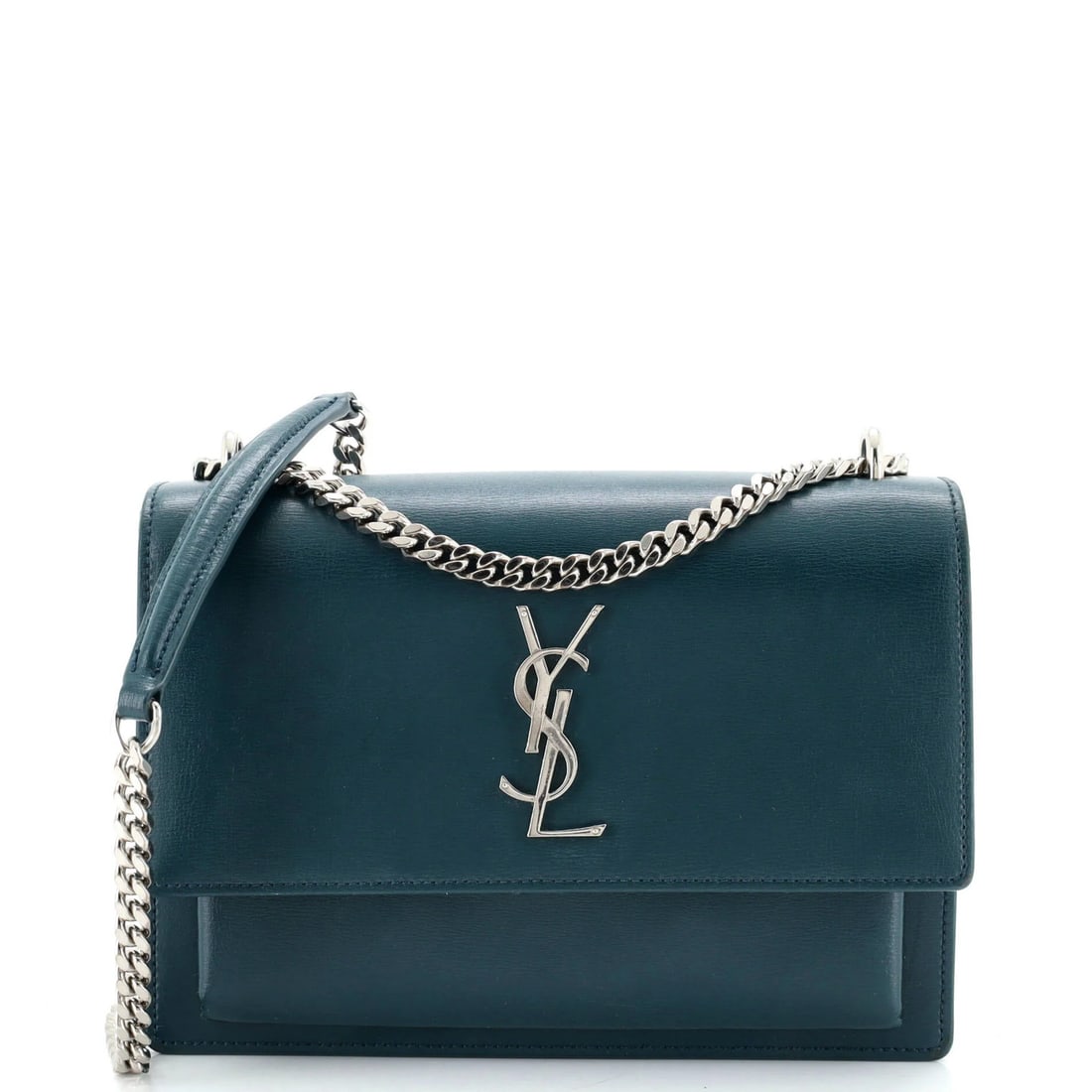 Leather Medium Saint Laurent Crossbody Bag Sunset: Leather Medium Saint Laurent Crossbody Bag Sunset The Saint Laurent Medium Sunset Crossbody Bag is a stylish and functional accessory, featuring a vibrant green leather exterior with a silver clochett