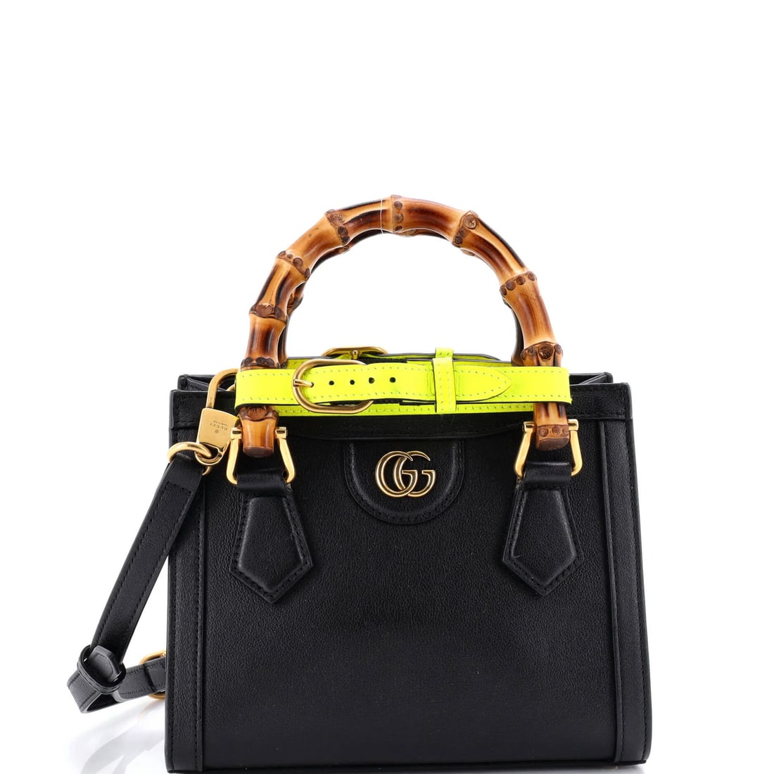 Gucci Leather Mini Bamboo Handle Tote Diana NM: Gucci Leather Mini Bamboo Handle Tote Diana NM Black leather mini cross body bag with a bamboo handle, featuring a neutral interior and gold hardware. The bag has a small size, measuring 6.5" height, 