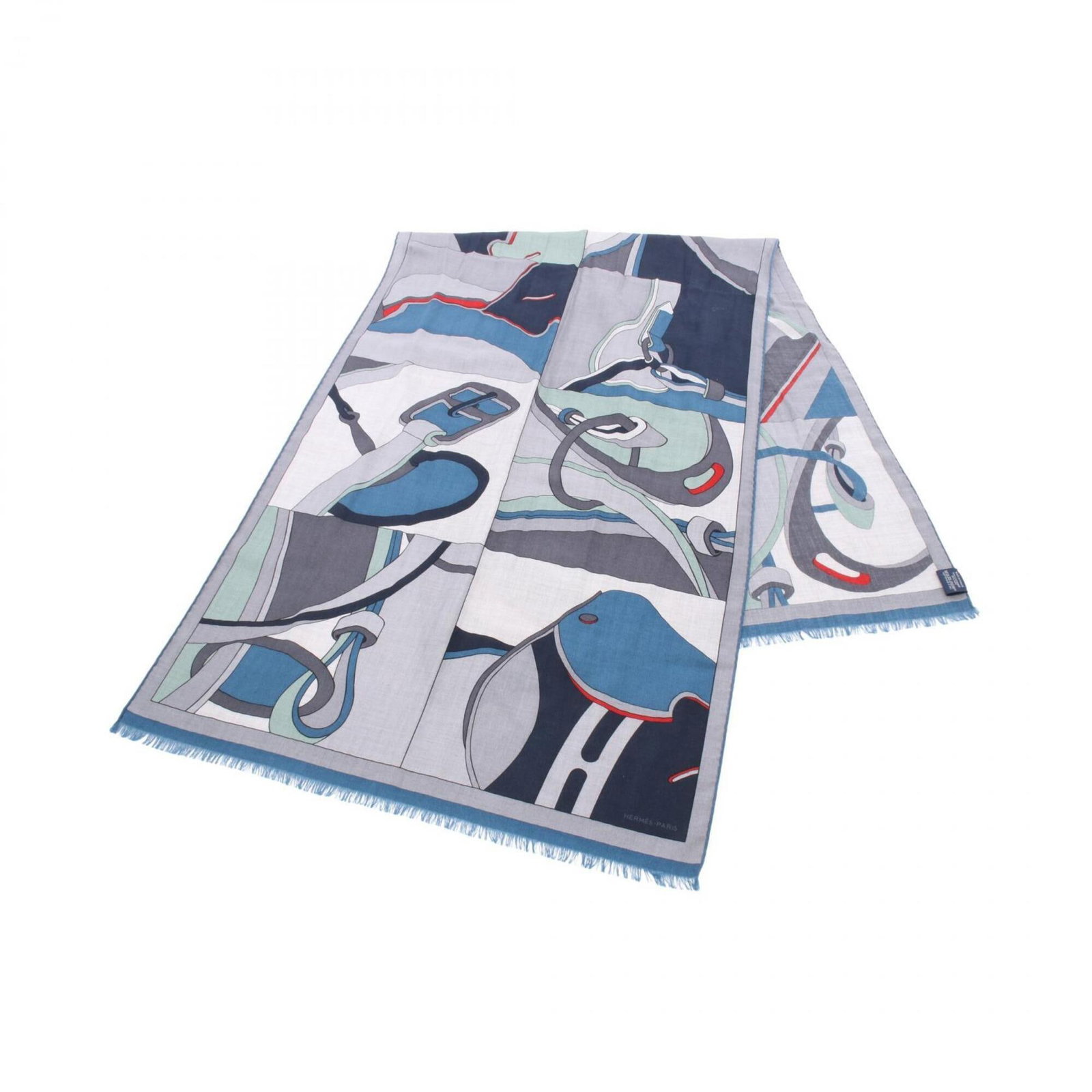 Hermes Stole Cashmere Silk: Hermes Stole Cashmere Silk Cashmere and silk blend in a vibrant blue, gray, and multi-color stole from the renowned French fashion house Hermes. Spanning 1.8m x 63cm, this luxurious piece boasts a uni