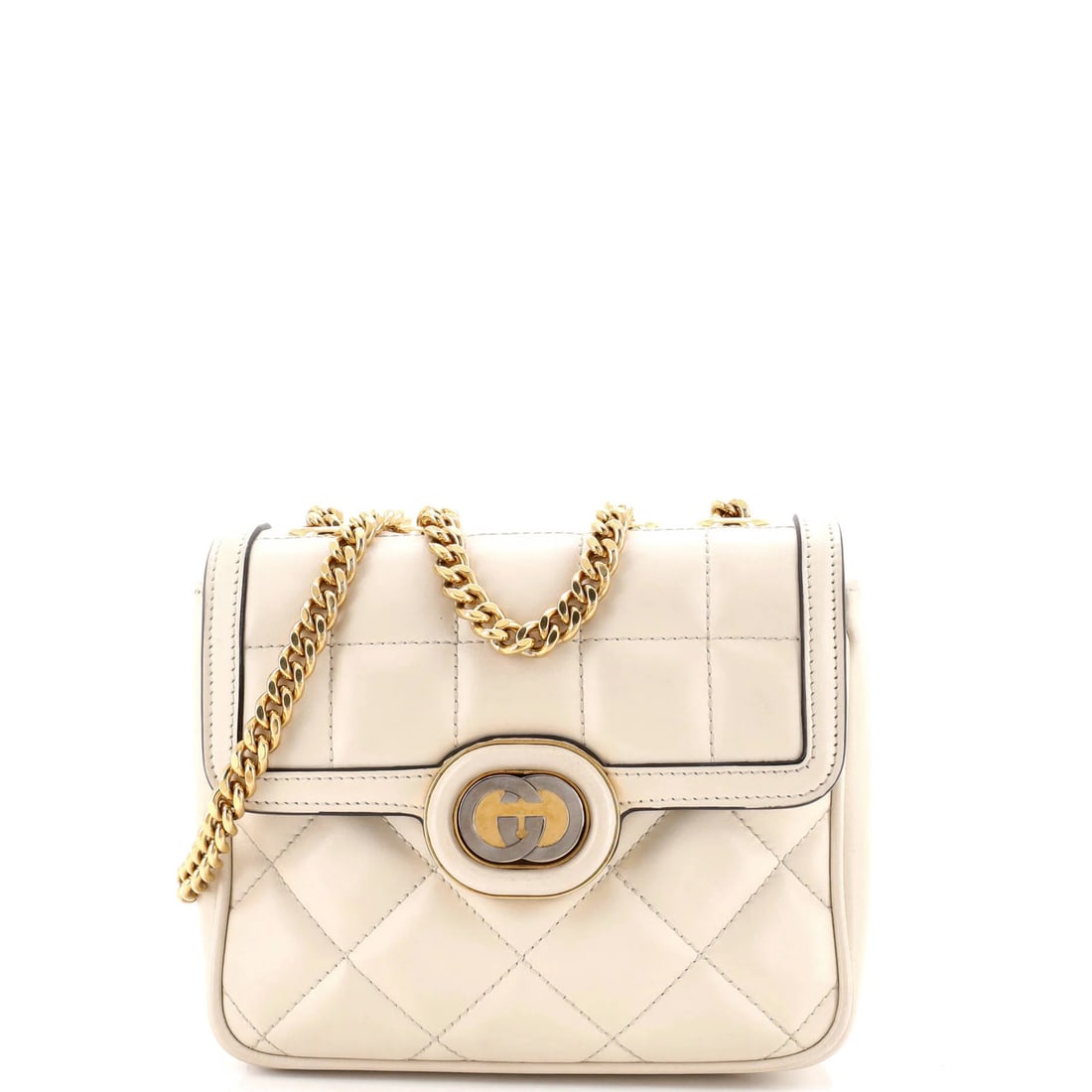 Chain Flap Bag Gucci Matelasse Leather Mini: Chain Flap Bag Gucci Matelasse Leather Mini White Matelasse Leather Mini Chain Flap Bag from Gucci features a classic design with a chain flap closure and mixed leather exterior. The bag's exterior