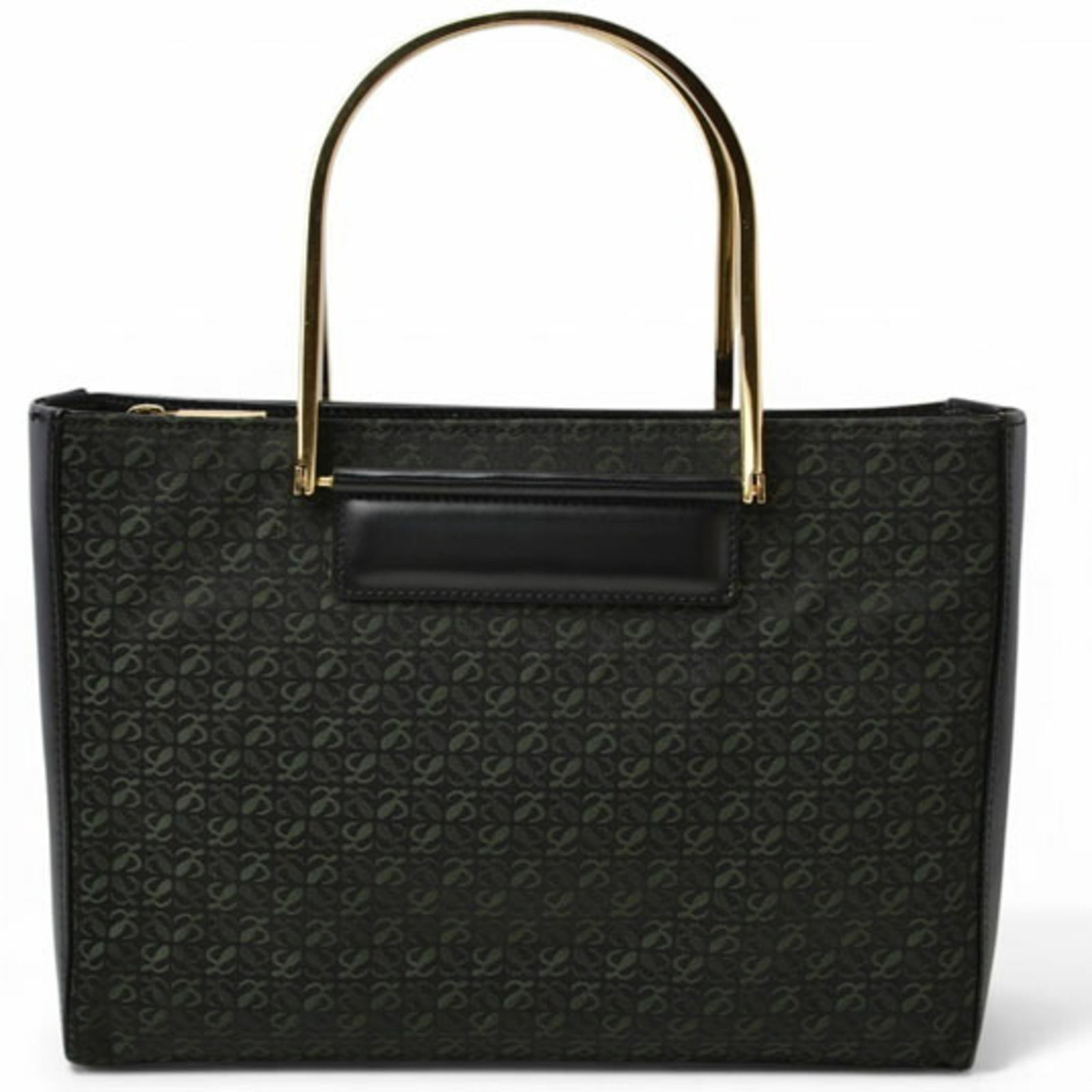 Handbag Leather Canvas Loewe: Handbag Leather Canvas Loewe Black and green canvas Loewe handbag with leather details, measuring 19.5cm x 27.5cm x 8cm. This stylish bag features a unique combination of materials and colors, making