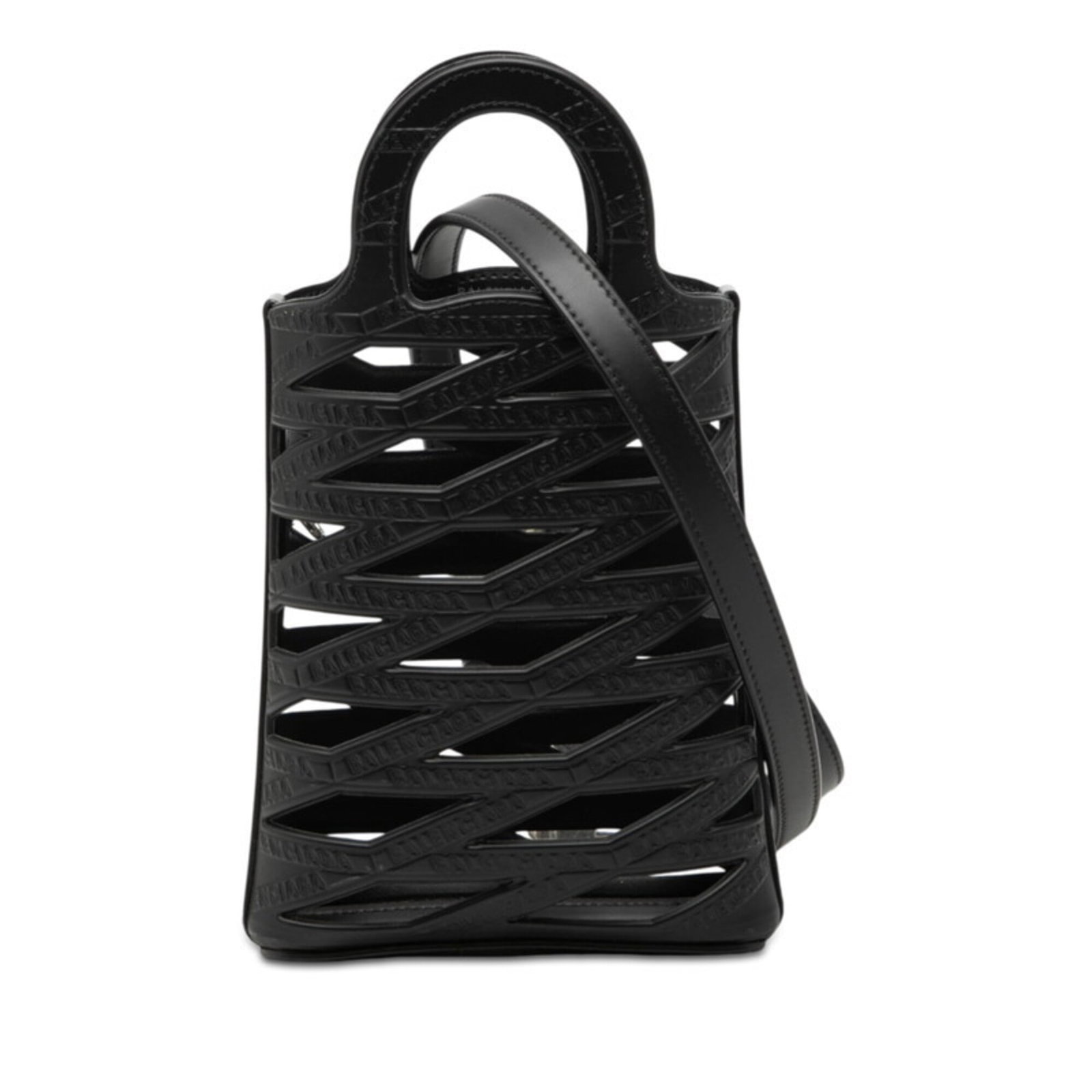 Balenciaga Handbag Shoulder Bag Leather: Balenciaga Handbag Shoulder Bag Leather Black leather shoulder bag from Balenciaga, featuring an open closure and measuring 18cm x 14cm x 4.5cm. The bag's sleek design and substantial 52.5cm strap