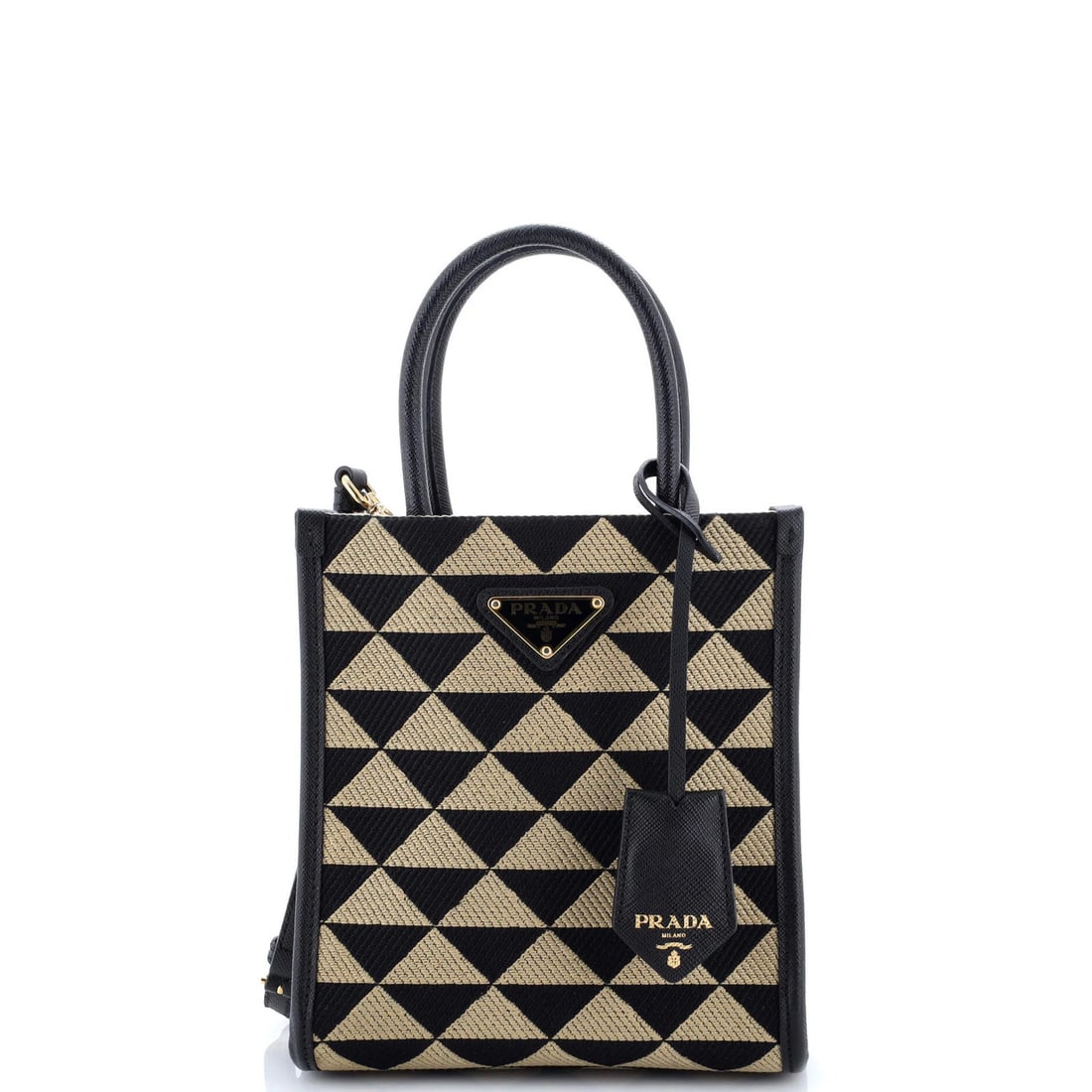 Jacquard Mini Tote Shopper Symbole Prada: Jacquard Mini Tote Shopper Symbole Prada The Prada Symbole Shopper Tote Jacquard Mini is a stylish and versatile cross-body bag featuring a neutral black exterior with a subtle Jacquard pattern. This 