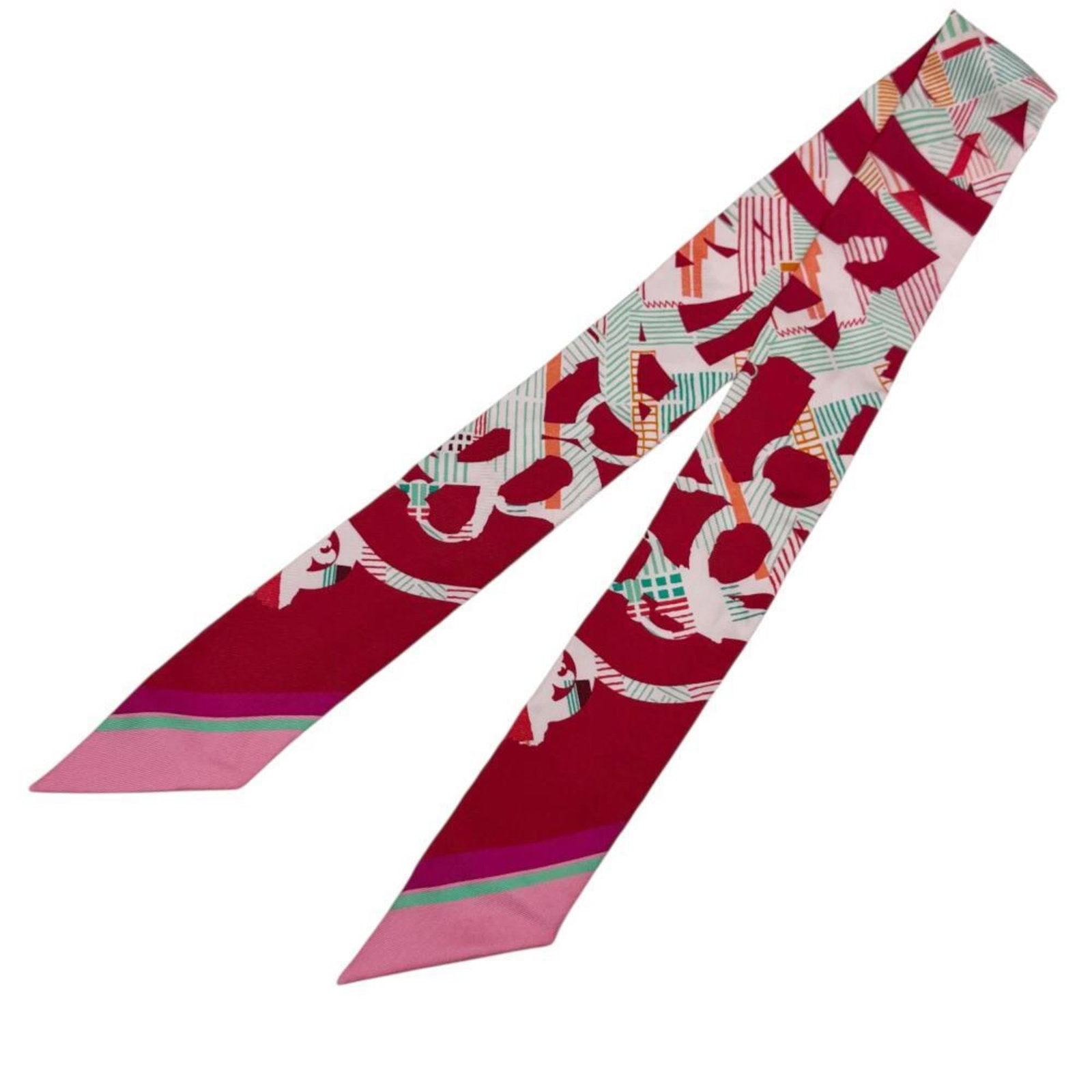 Silk Hermes Scarf: Silk Hermes Scarf Silk from the iconic French fashion house, this Herm?s Twilly scarf boasts a vibrant red hue and measures 86cm x 5cm. Made from high-quality silk, it comes in a compact box, ready