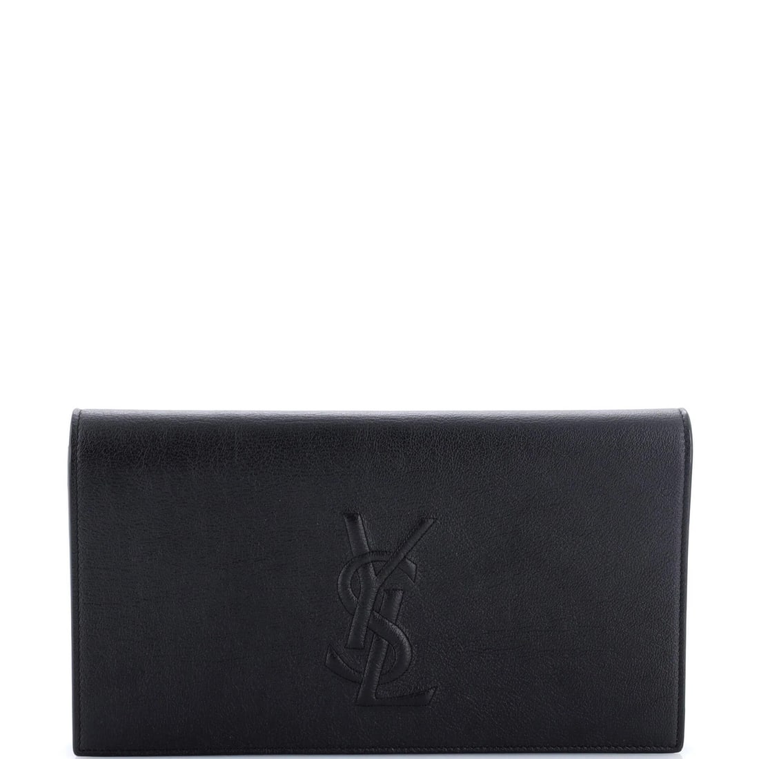 Large Belle de Jour Clutch Saint Laurent: Large Belle de Jour Clutch Saint Laurent Large Belle de Jour Clutch Saint Laurent in black leather features a satin interior and gold hardware, with minor creases, scuffs, and scratches on the exterio