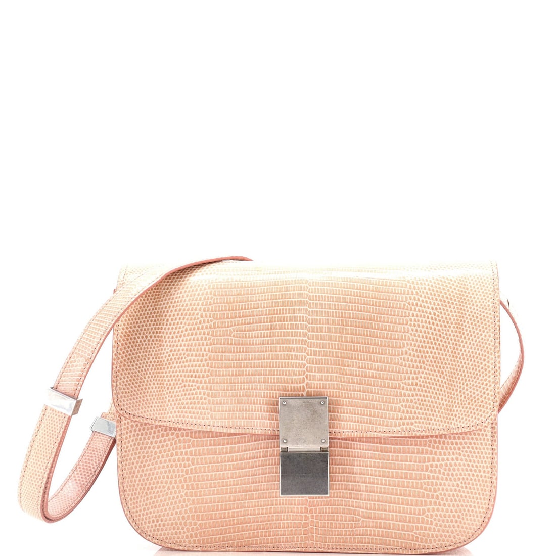 Classic Box Bag Celine Lizard Medium: Classic Box Bag Celine Lizard Medium The Celine Lizard Medium Classic Box Bag boasts a striking neutral exterior with a subtle pop of pink, complemented by silver hardware. This stylish shoulder bag