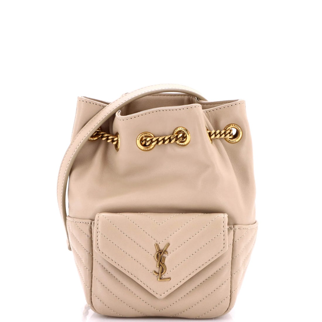 Laurent Saint Joe Matelasse Leather Chevron Mini Bucket Bag: Laurent Saint Joe Matelasse Leather Chevron Mini Bucket Bag Neutral-toned Matelasse Leather Chevron Mini Bucket Bag from Saint Laurent, featuring a classic bucket design with a subtle chevron