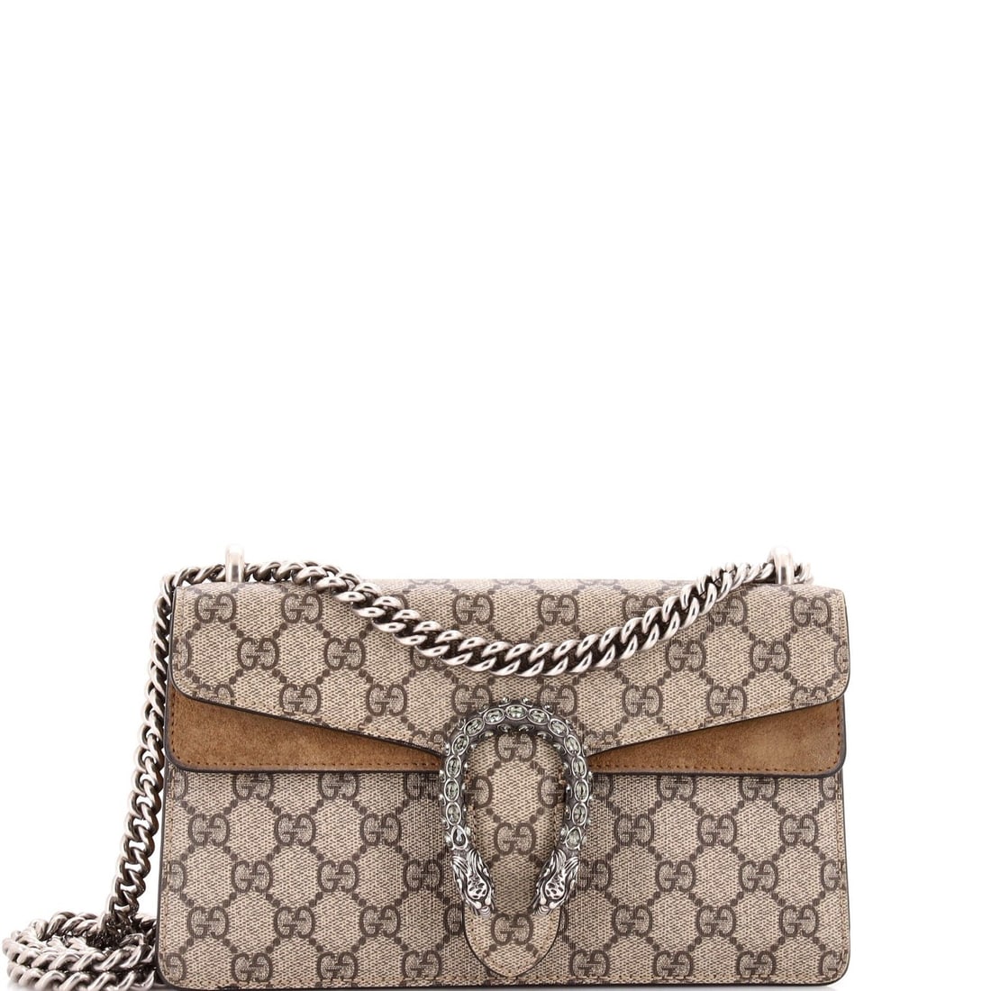 Gucci GG Coated Canvas Small Bag Dionysus Embellished with Crystal Metal: Gucci GG Coated Canvas Small Bag Dionysus Embellished with Crystal Metal Brown GG Coated Canvas Small Dionysus Bag with Crystal Metal Embellishments. This Gucci small shoulder bag features a canvas ex