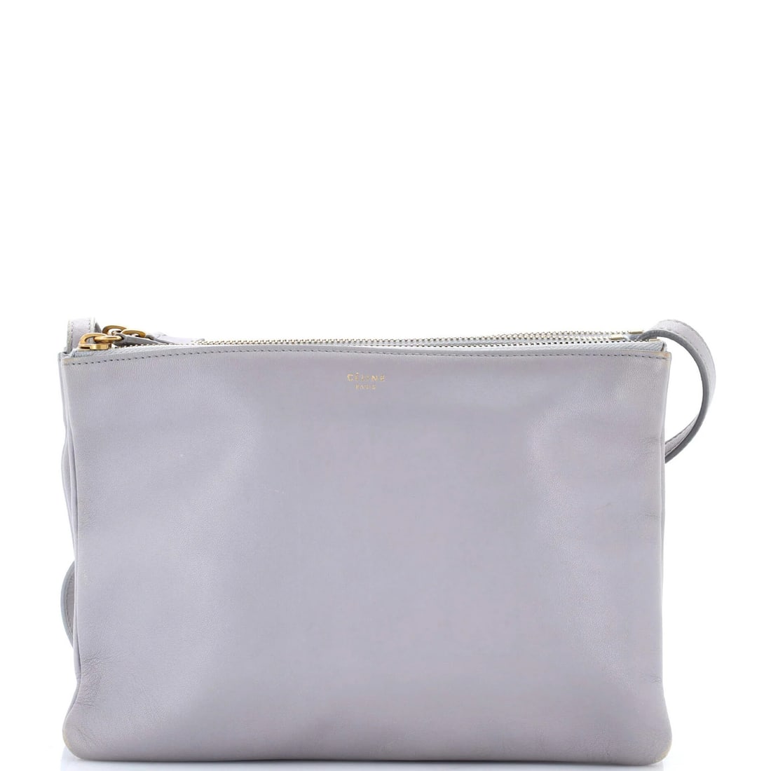 Large Leather Celine Crossbody Trio Bag: Large Leather Celine Crossbody Trio Bag Gray leather Celine crossbody bag with a large exterior size, featuring a trio crossbody design and felt interior. The bag shows signs of wear, including heavy