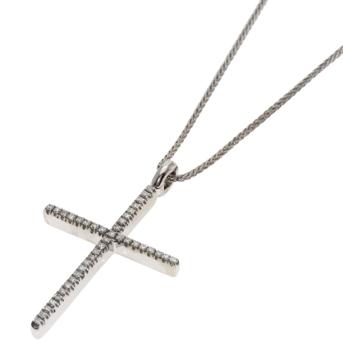 Diamond Mystery Cross Necklace White Gold K18 Damiani: Diamond Mystery Cross Necklace White Gold K18 Damiani K18 White Gold Damiani necklace with a silver metal exterior and a 20-inch length, featuring a diamond main stone set in an open closure. This