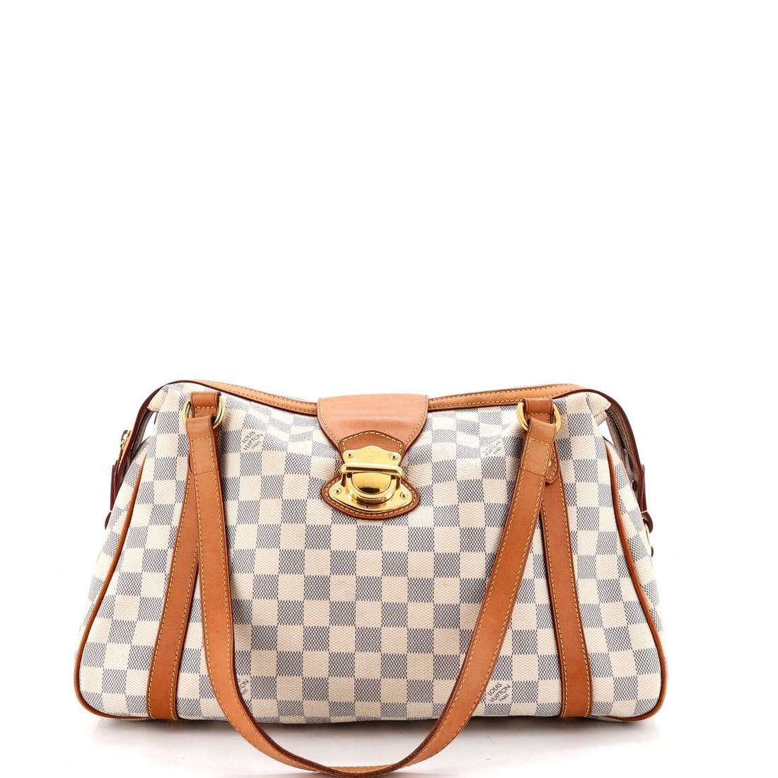 Damier PM Louis Vuitton Stresa Handbag: Damier PM Louis Vuitton Stresa Handbag White Damier PM canvas coated Louis Vuitton Stresa handbag with neutral interior and gold hardware, featuring a classic shoulder bag design with a 10" handle