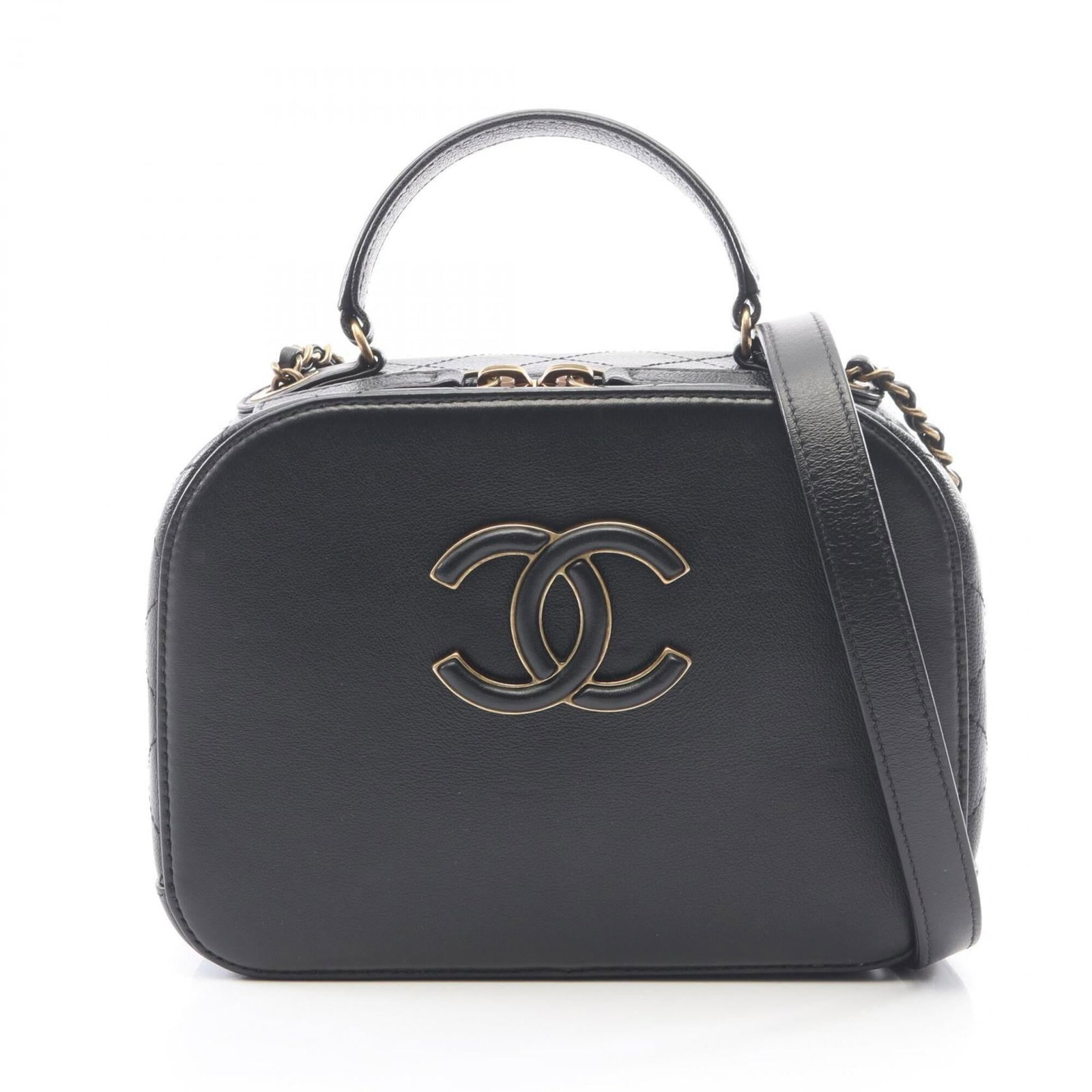 Handbag Chanel Leather Vanity Shoulder Bag: Handbag Chanel Leather Vanity Shoulder Bag Black leather Chanel vanity shoulder bag with classic design and elegant proportions. Measuring 14cm x 18cm x 7cm, this stylish accessory is perfect for