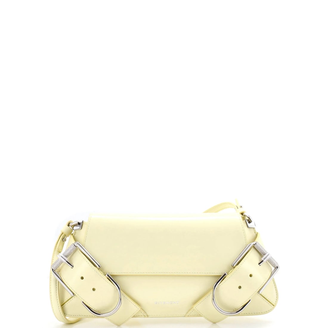Shoulder Flap Bag Leather Givenchy Voyou: Shoulder Flap Bag Leather Givenchy Voyou Yellow leather shoulder flap bag from Givenchy's Voyou collection, featuring a sleek design with a silver-toned flap and neutral interior. The bag boasts