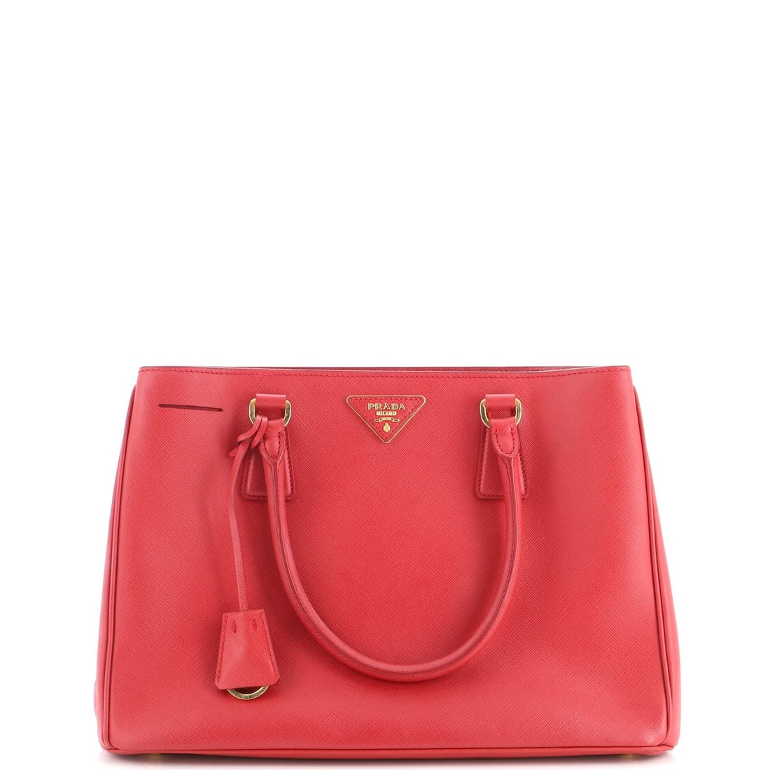 Prada Gardener's Tote Saffiano Leather Medium: Prada Gardener's Tote Saffiano Leather Medium Red Saffiano Leather Medium Prada Gardener's Tote with Gold Hardware, featuring a classic medium size and sturdy strap drop. The exterior shows signs of