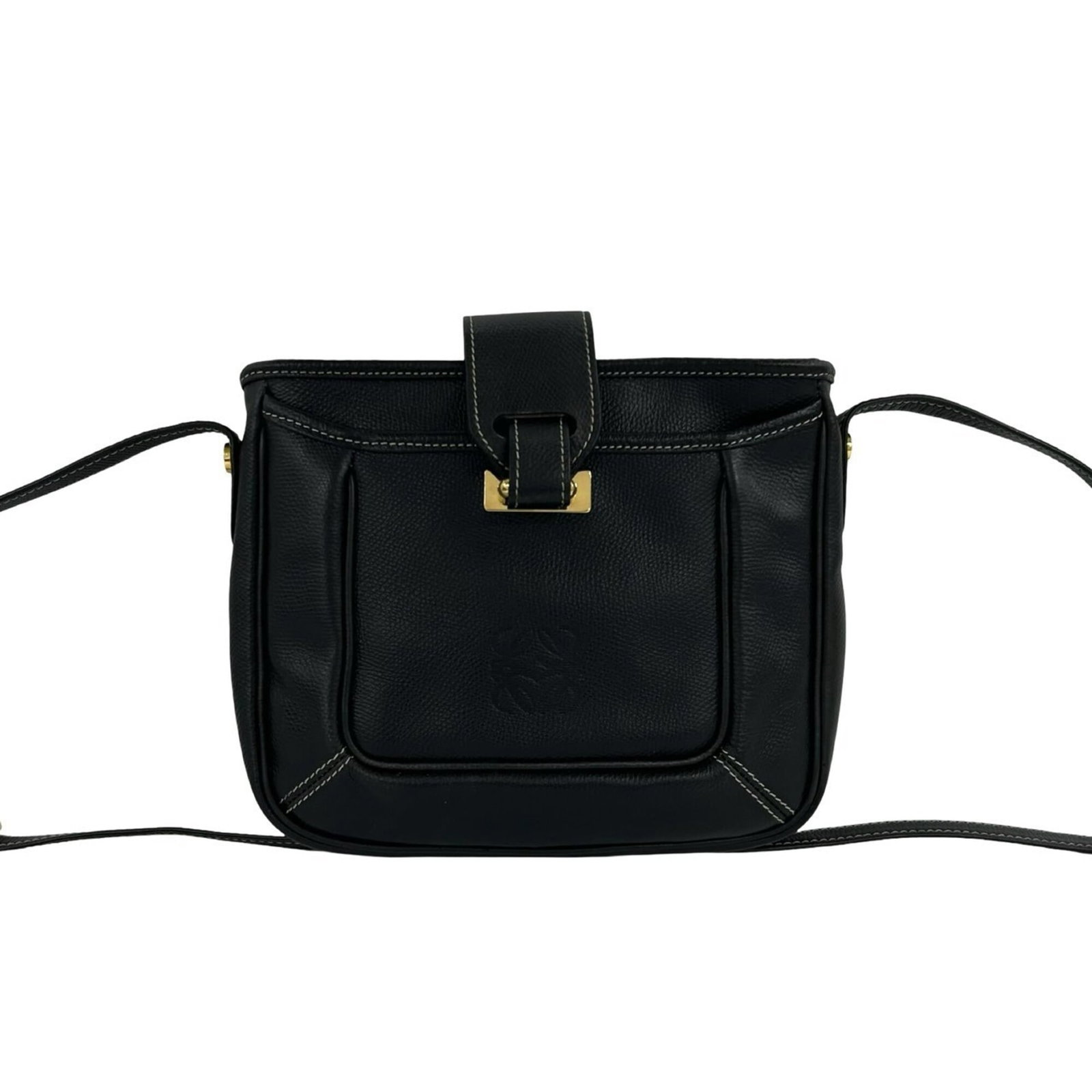 Shoulder Bag Leather Pochette Loewe: Shoulder Bag Leather Pochette Loewe Black Leather Pochette from Loewe, measuring 19cm x 22cm x 3.5cm, features a classic shoulder bag design with a sleek black leather exterior. The pochette's compact