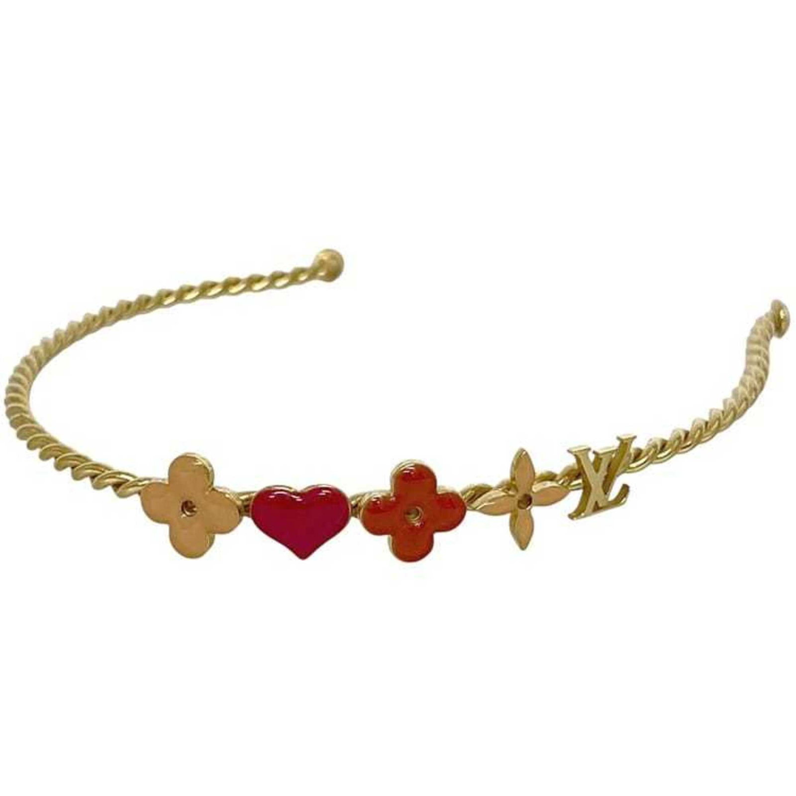 Metal gold band Alice Vuitton Louis: Metal gold band Alice Vuitton Louis Metal gold band Alice Vuitton Louis is a gold plated, metal band with a beige, gold, and red color scheme. The band measures 1.6cm x 0.62'' and features a distincti