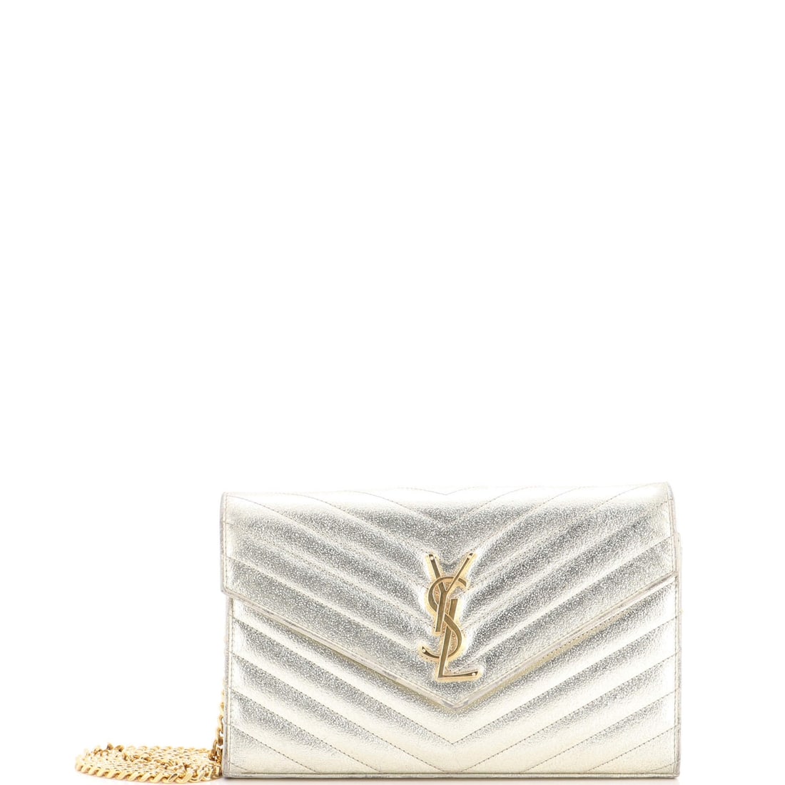 Matelasse Chevron Metallic Saint Laurent Wallet Chain Classic: Matelasse Chevron Metallic Saint Laurent Wallet Chain Classic Silver Matelasse Chevron Metallic Leather Medium Cross Body Bag Chain Wallet with Classic Monogram Design, featuring a sleek metallic
