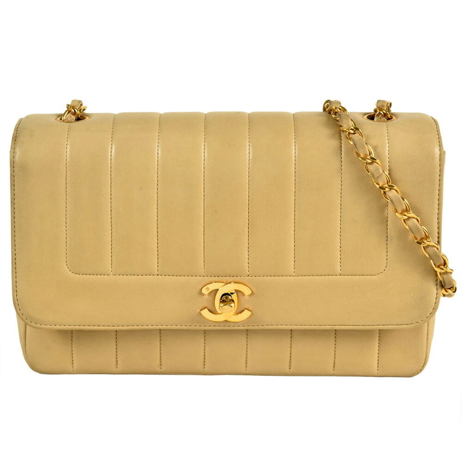 Shoulder Bag by Chanel: Shoulder Bag by Chanel Beige shoulder bag with gold hardware, featuring a zipper pocket and open pocket, now available. This 16cm x 25cm bag is a stylish and practical accessory for everyday use. Its