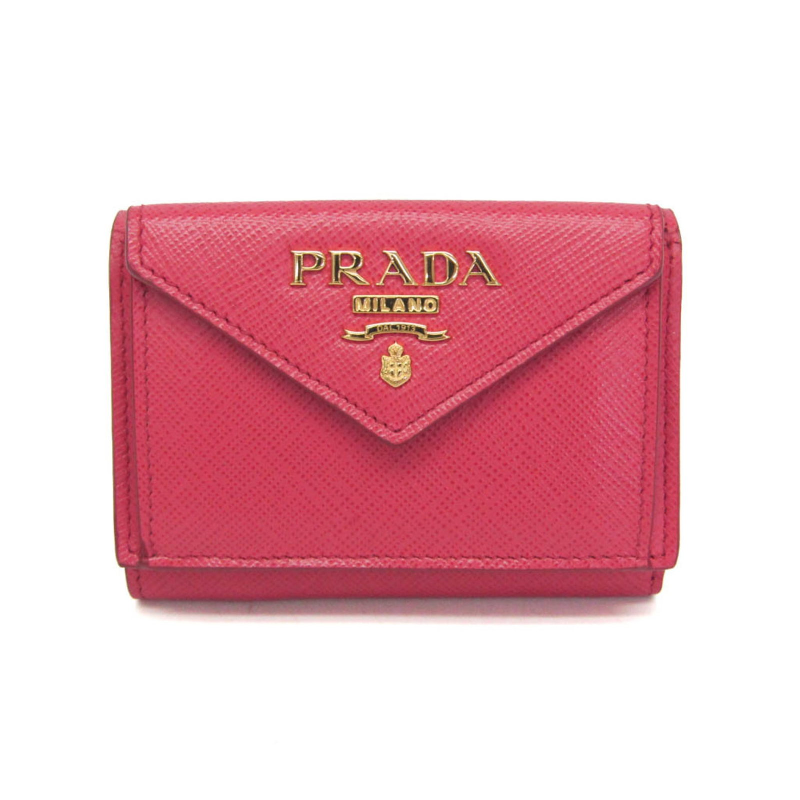 Prada Wallet (Tri-Fold) Leather: Prada Wallet (Tri-Fold) Leather The Prada Saffiano Metal Tri-Fold Wallet is a sleek and stylish accessory, featuring a vibrant pink leather exterior with a snap fastener closure. This tri-fold wallet 