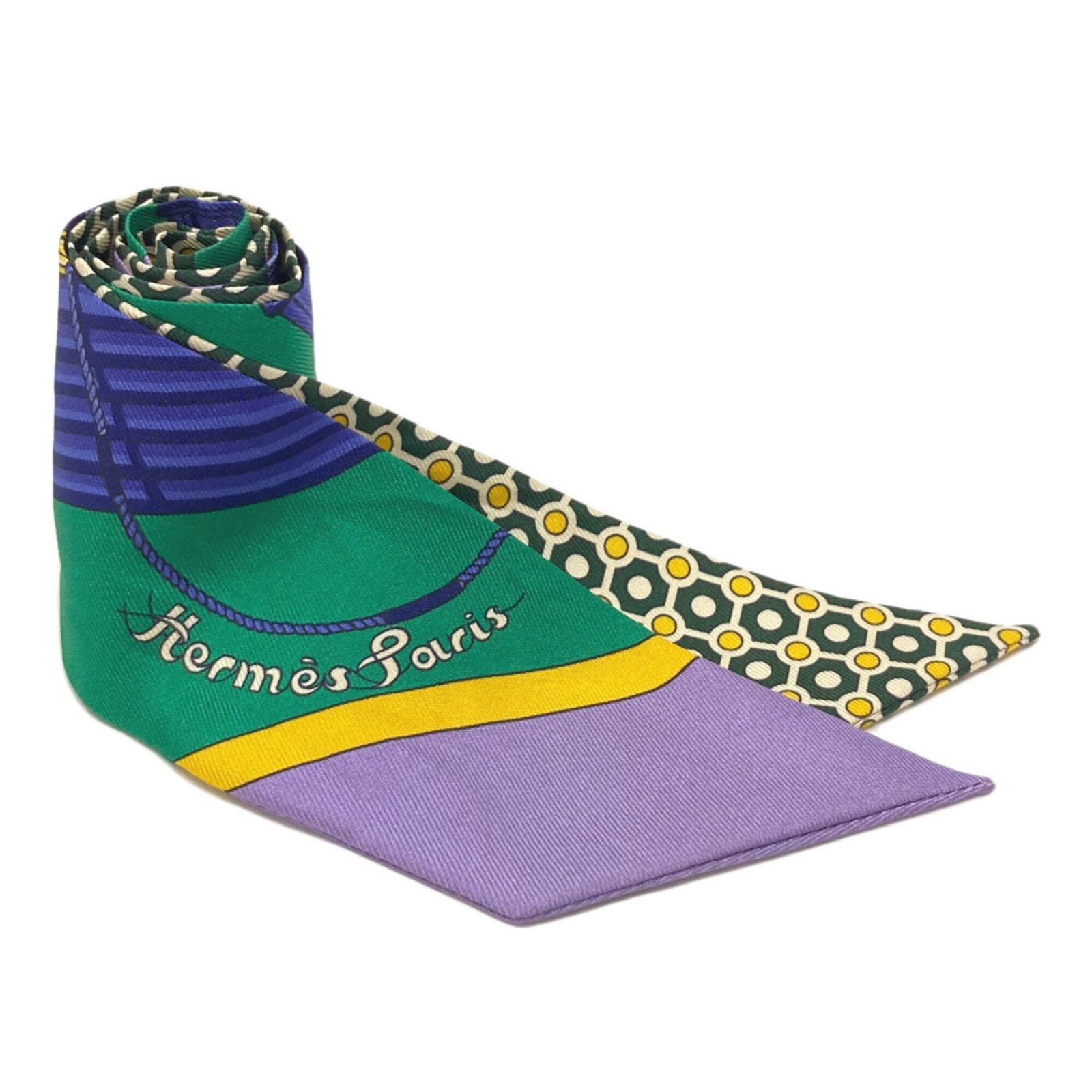 Silk Hermes Scarf: Silk Hermes Scarf Silk from the renowned French fashion house, this Twilly scarf boasts a vibrant green, purple, and yellow color palette, showcasing the iconic style of Hermes. Made from
