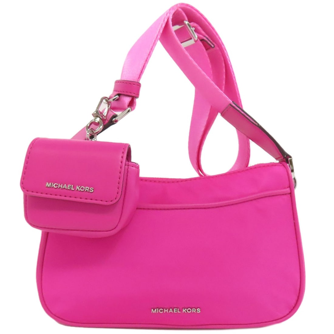 Kors Logo Michael Nylon Shoulder Bag: Kors Logo Michael Nylon Shoulder Bag Pink Michael Kors Logo Nylon Shoulder Bag. This stylish shoulder bag features a pink exterior made from nylon, with a prominent logo from the popular Michael Kors 