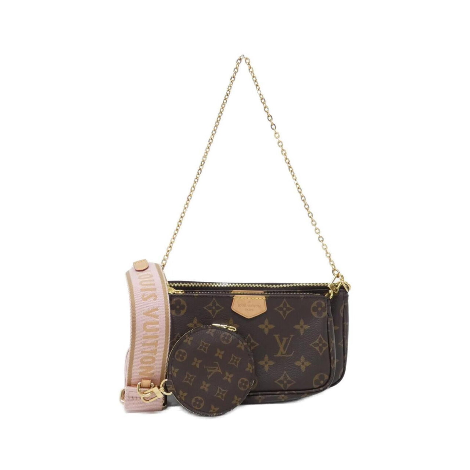 Louis Vuitton Pochette Coated Canvas Pouch Bag Shoulder: Louis Vuitton Pochette Coated Canvas Pouch Bag Shoulder Marron and Rose Clair hues blend in a luxurious Coated Canvas design, while gold-toned hardware adds a touch of sophistication to this Pochette