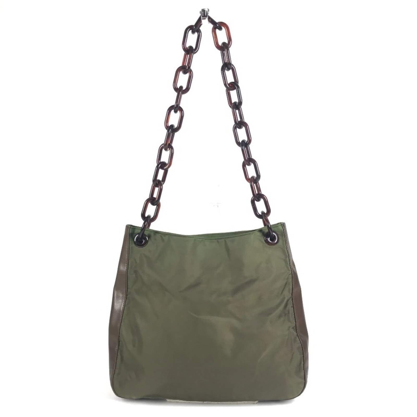 Shoulder Bag Nylon Leather Prada Tote: Shoulder Bag Nylon Leather Prada Tote The Prada Country Tote is a stylish shoulder bag made from a combination of leather and nylon, featuring a classic design with a brown and khaki color palette. Me