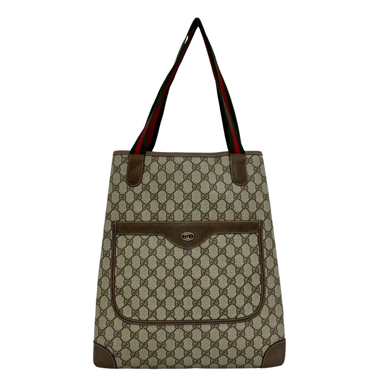 Pvc Leather Handbag Tote Bag: Pvc Leather Handbag Tote Bag PVC and leather combine in this stylish tote bag from Gucci, available in three bold colors: Brown, Green, and Red. Measuring 37cm x 32cm x 8cm, it's the perfect size for