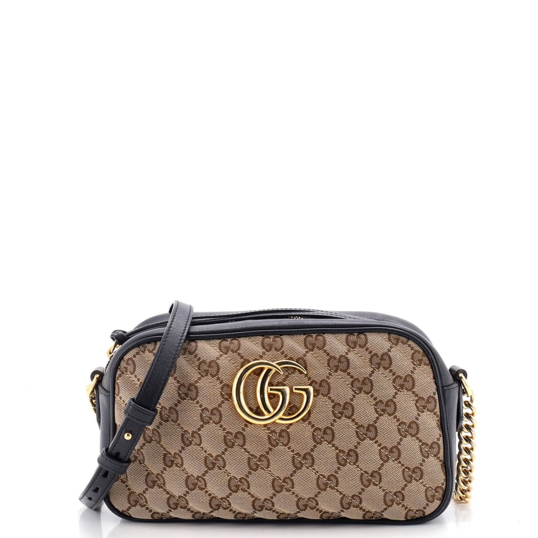 Gucci GG Marmont Shoulder Bag Diagonal Quilted GG Canvas with Leather Small: Gucci GG Marmont Shoulder Bag Diagonal Quilted GG Canvas with Leather Small Small Gucci GG Marmont Shoulder Bag with Diagonal Quilted GG Canvas and Leather in Black, featuring a classic cross-body