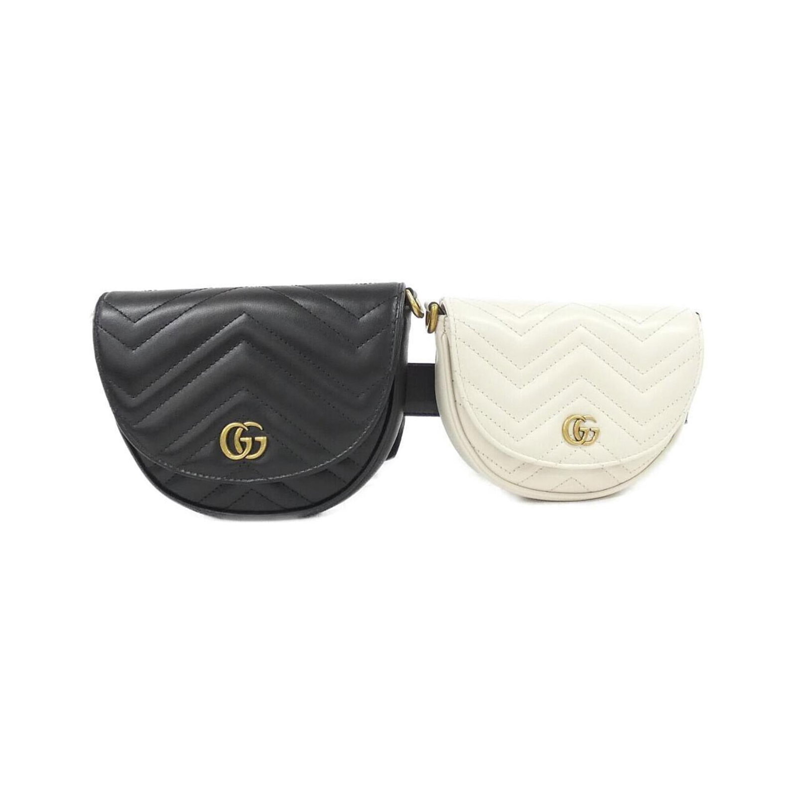 Pack Fanny Leather Gucci: Pack Fanny Leather Gucci Black and White Fanny Pack with Gold Hardware. Made from high-quality leather, this GG Marmont fanny pack features a sleek and modern design with a signature gold buckle. With