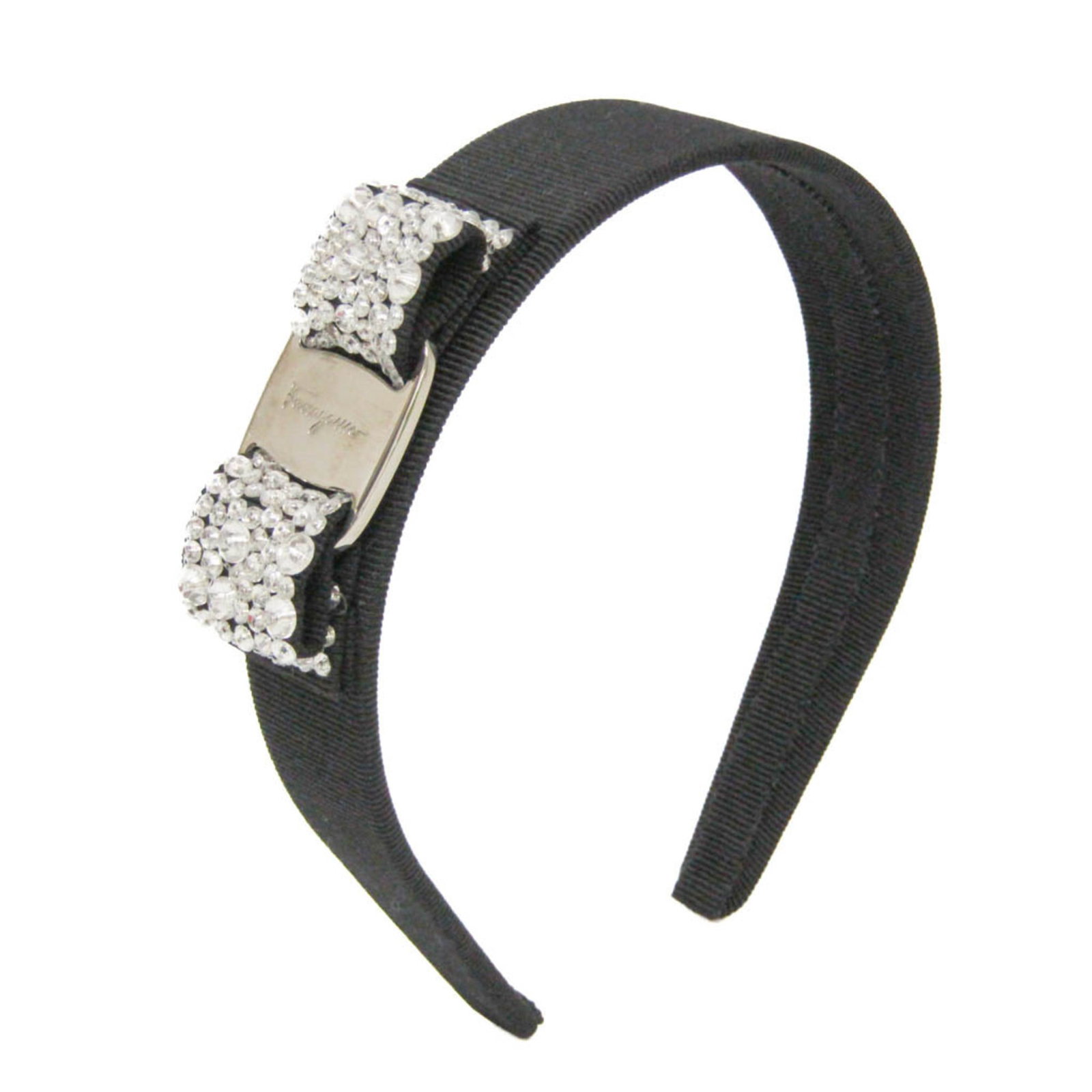 Salvatore Ferragamo Alice Band Cotton Metal Rhinestone: Salvatore Ferragamo Alice Band Cotton Metal Rhinestone The Salvatore Ferragamo Alice Band is a striking piece featuring a black cotton and metal design with clear rhinestones, adding a touch of