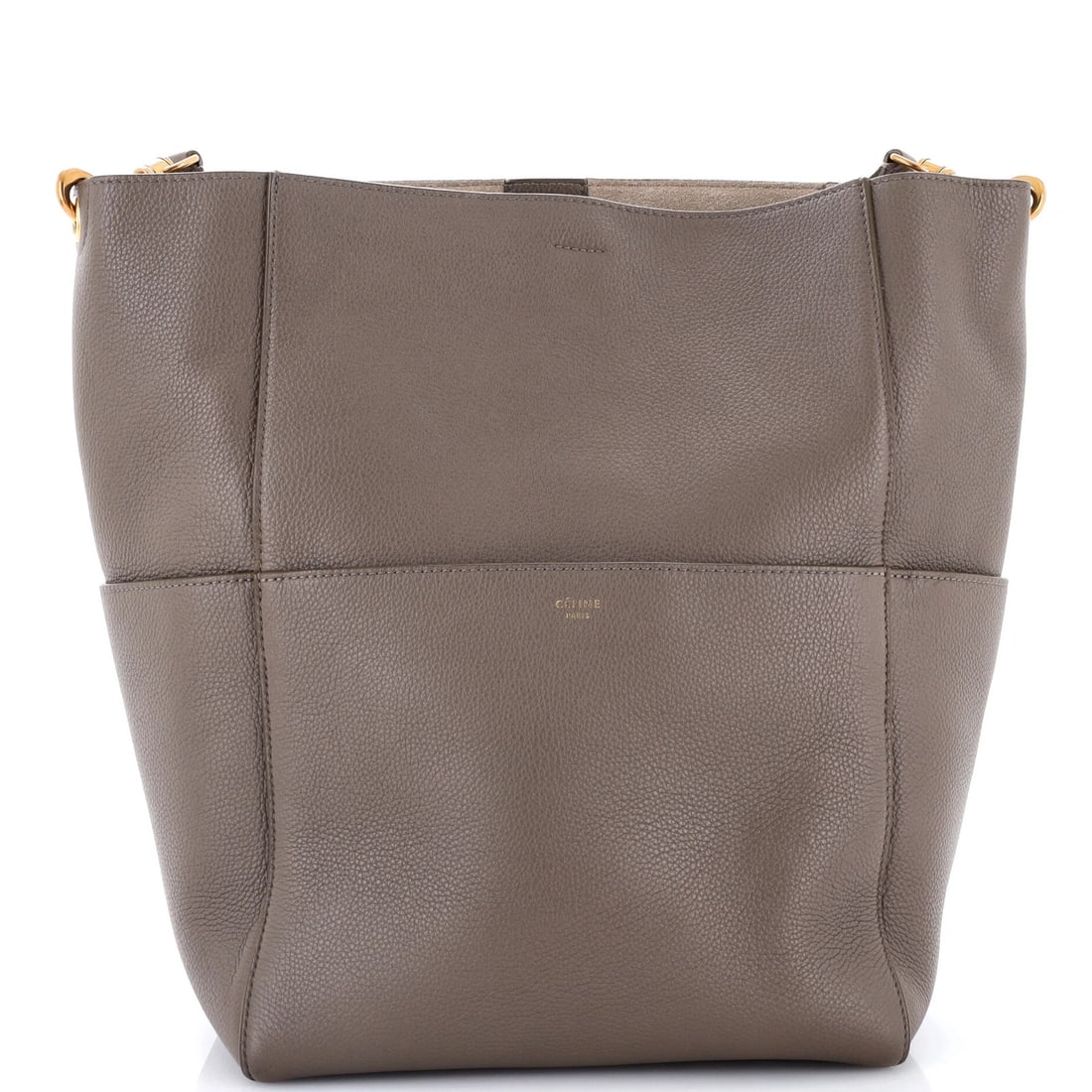 Calfskin Large Celine Sangle Seau Bag: Calfskin Large Celine Sangle Seau Bag Calfskin Large Celine Sangle Seau Bag in Gray, featuring a classic shoulder design with a neutral suede interior and aged gold hardware, measures 13" tall, 8.5" w