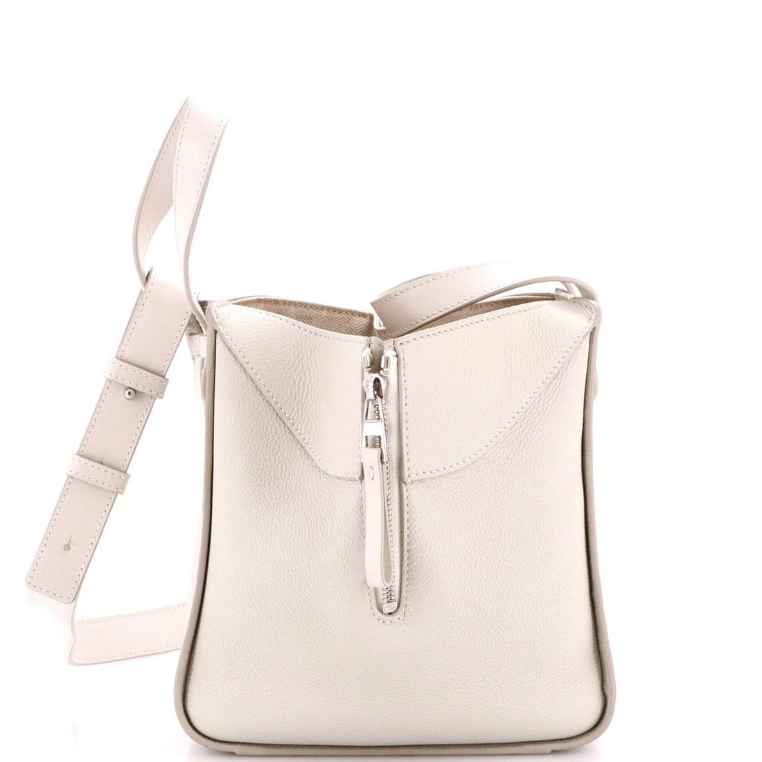 Compact Leather Bag Hammock Loewe: Compact Leather Bag Hammock Loewe Compact Leather Bag Hammock Loewe features a white leather exterior with minor creases, corner wear, and scuffs. The bag's silver hardware and neutral-colored