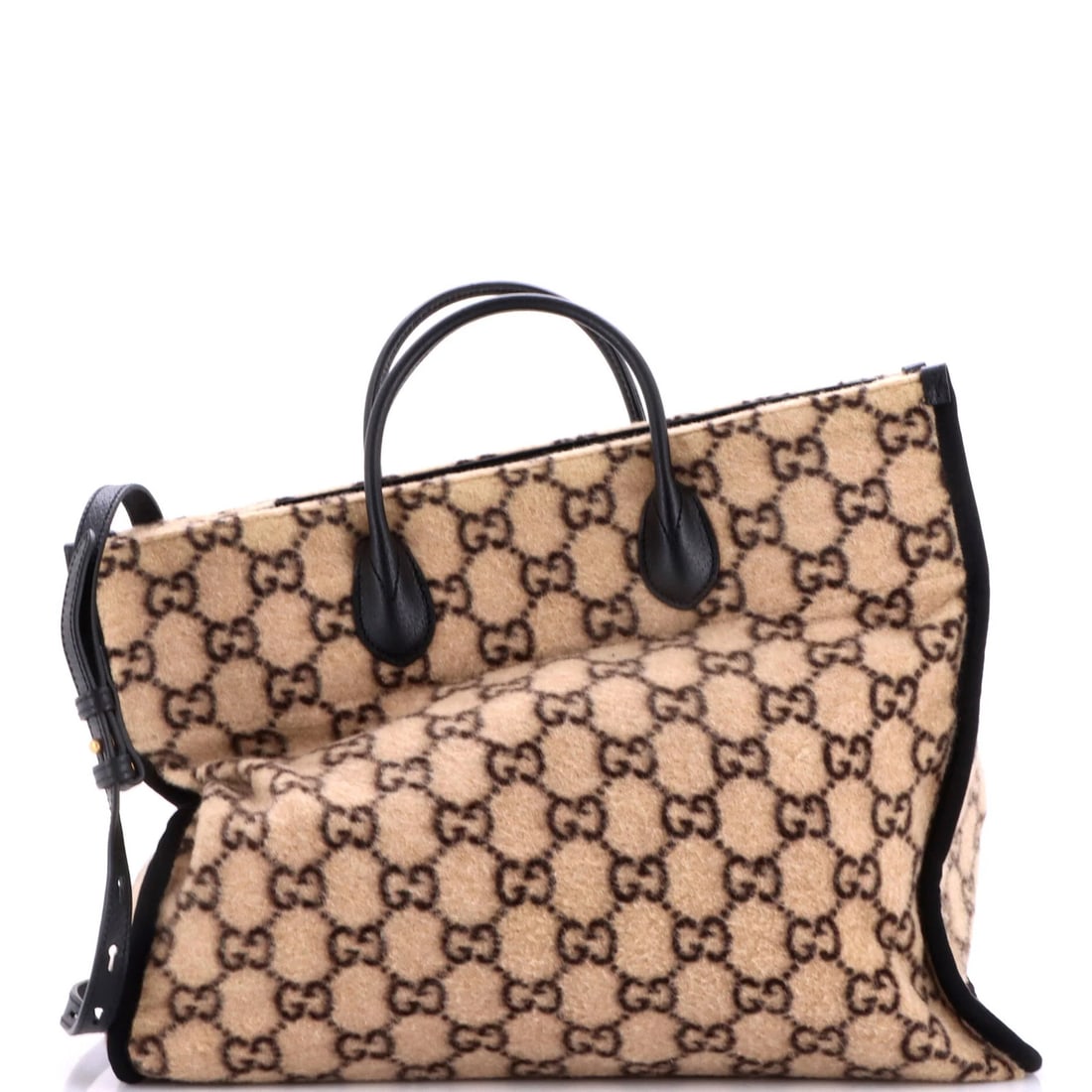 GG Wool Large Gucci Tote Shopping: GG Wool Large Gucci Tote Shopping Large GG Wool Gucci Shopping Tote in excellent condition, featuring a neutral exterior with minor scuffs and a brown wool interior. The tote boasts a classic