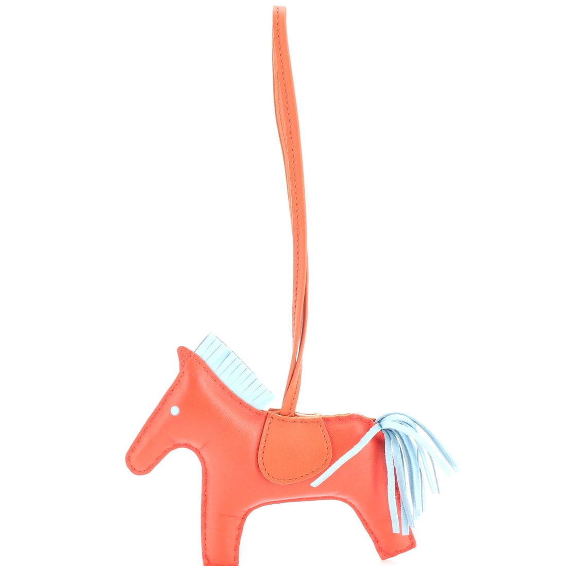 GriGri Rodeo Bag Charm Leather Hermes MM: GriGri Rodeo Bag Charm Leather Hermes MM The GriGri Rodeo Bag Charm Leather Hermes MM is a unique accessory featuring a blue and orange leather exterior with a striking orange interior. This charming