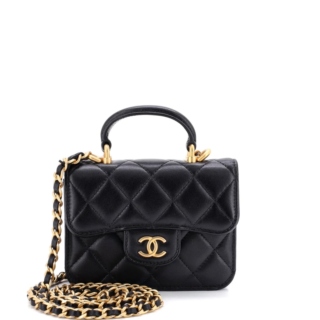 Chanel Top Handle Flap Coin Purse with Chain Quilted Lambskin: Chanel Top Handle Flap Coin Purse with Chain Quilted Lambskin Black quilted lambskin exterior, chain strap, and top handle design make this Chanel Top Handle Flap Coin Purse a stylish and versatile