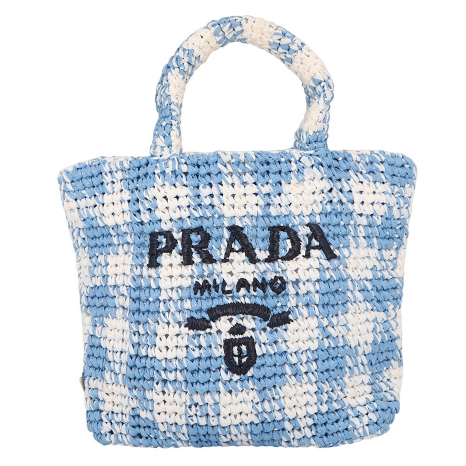 Raffia Prada Tote Handbag: Raffia Prada Tote Handbag Raffia Prada Tote Handbag - A stylish and unique tote bag made from high-quality raffia, this Italian design features a striking blue and white color combination. Measuring