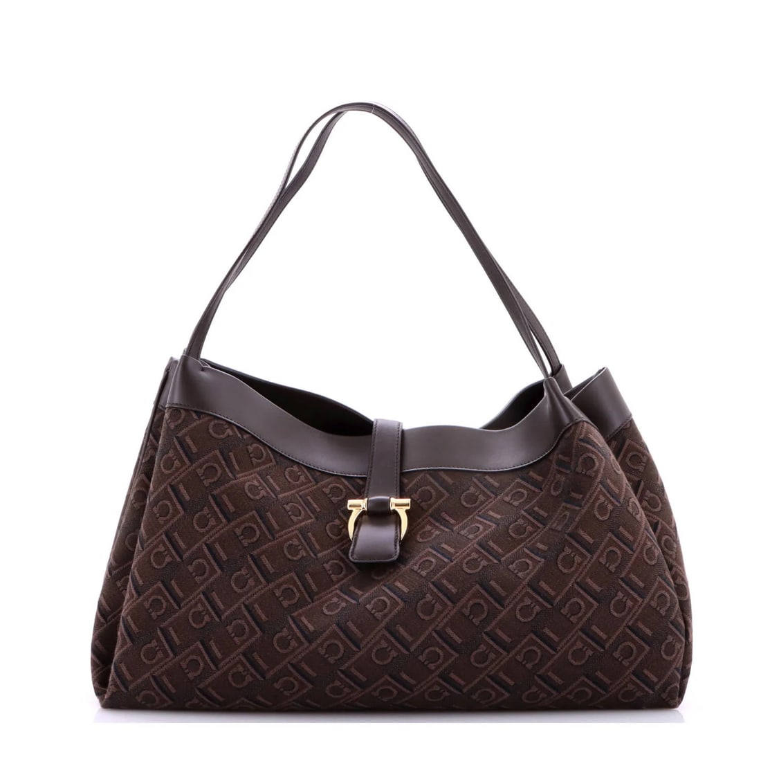 Salvatore Ferragamo Gancini Medium Tote Bag Jacquard Shoulder: Salvatore Ferragamo Gancini Medium Tote Bag Jacquard Shoulder The Salvatore Ferragamo Gancini Medium Tote Bag Jacquard Shoulder is a beautifully crafted shoulder bag with a rich brown Jacquard
