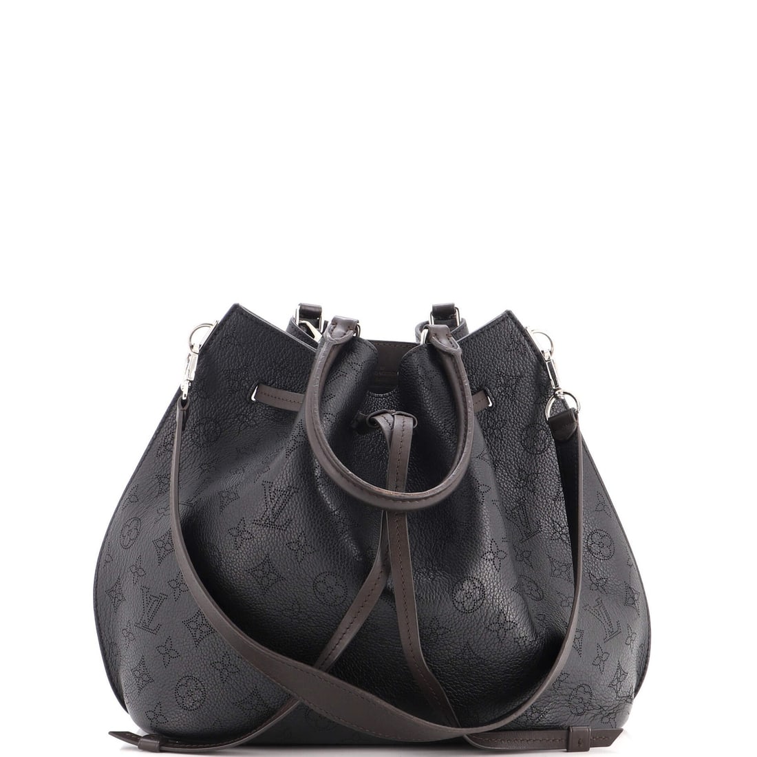 Mahina Leather Louis Vuitton Girolata Handbag: Mahina Leather Louis Vuitton Girolata Handbag Black Mahina Leather Louis Vuitton Girolata Handbag with Pochette and Strap, featuring a classic tote style with a 5.5" handle drop and 8.5" strap drop,
