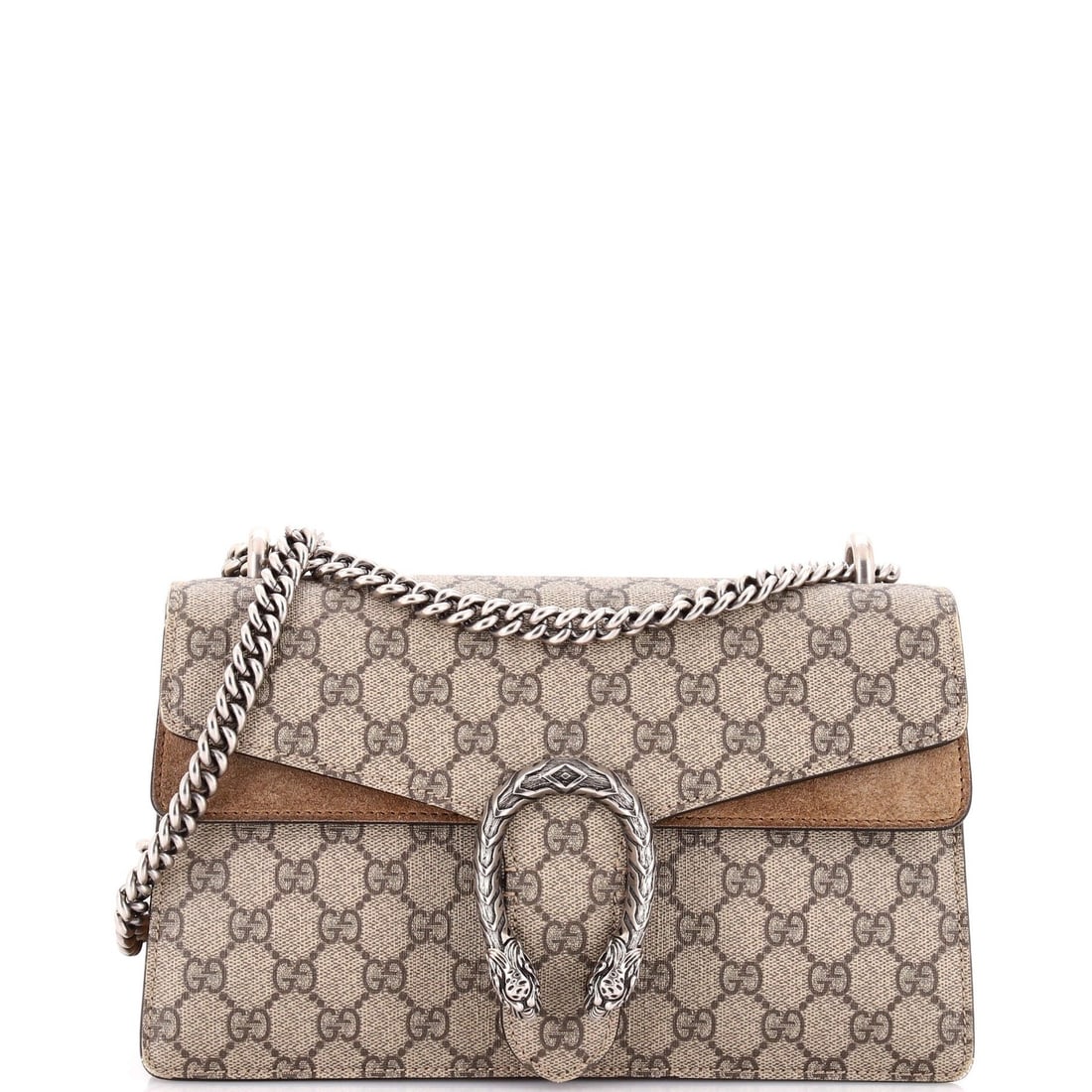 Small coated canvas bag GG Gucci Dionysus: Small coated canvas bag GG Gucci Dionysus Small GG Gucci Dionysus bag in brown coated canvas, featuring a signature logo and suede interior. The bag has a classic shoulder design with a 6" height and 