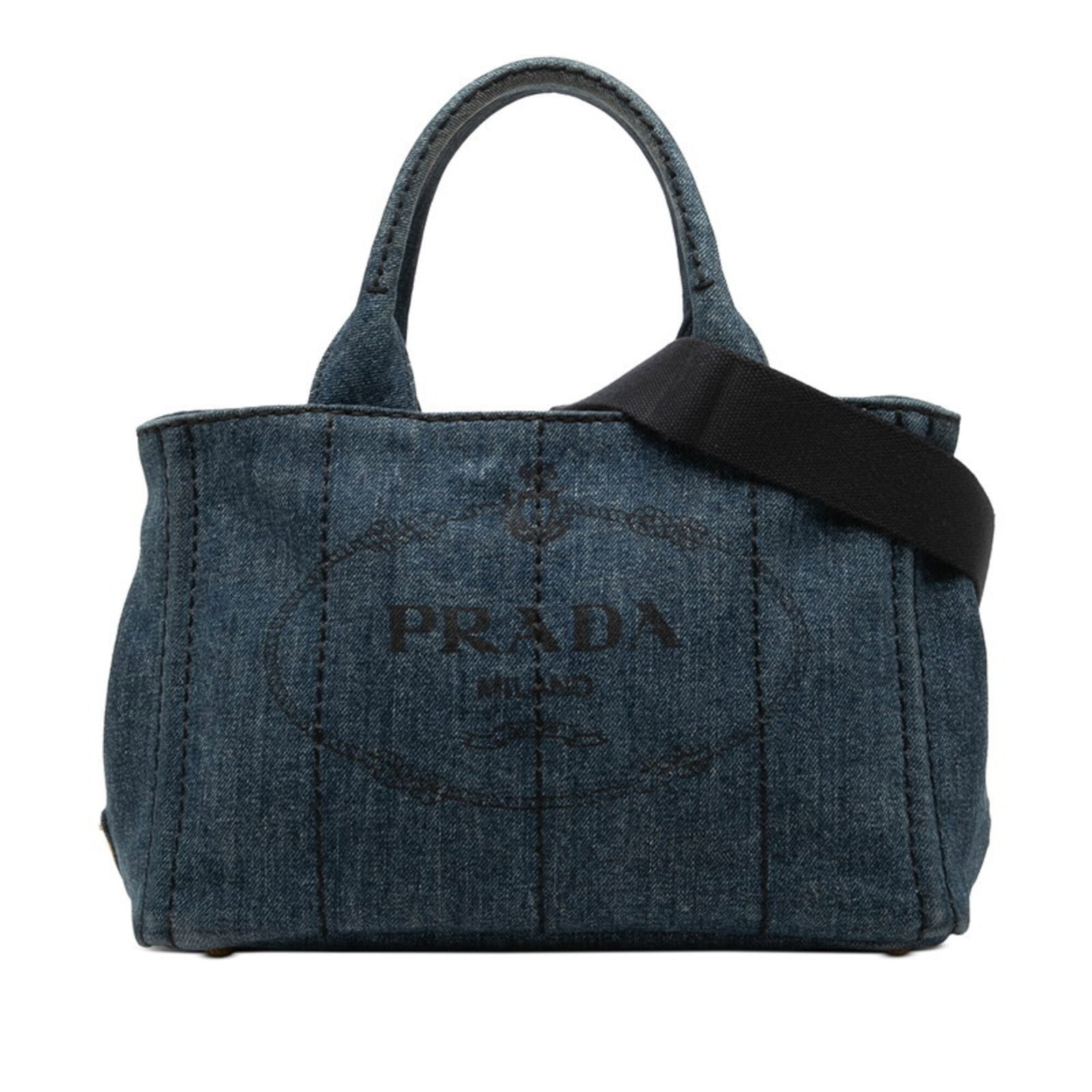 Canapa Denim Tote Bag Prada Shoulder Bag: Canapa Denim Tote Bag Prada Shoulder Bag Prada's Canapa Denim Tote Bag boasts a striking blue hue and a unique blend of materials, combining denim with the signature Canapa texture. Measuring 19cm x 2