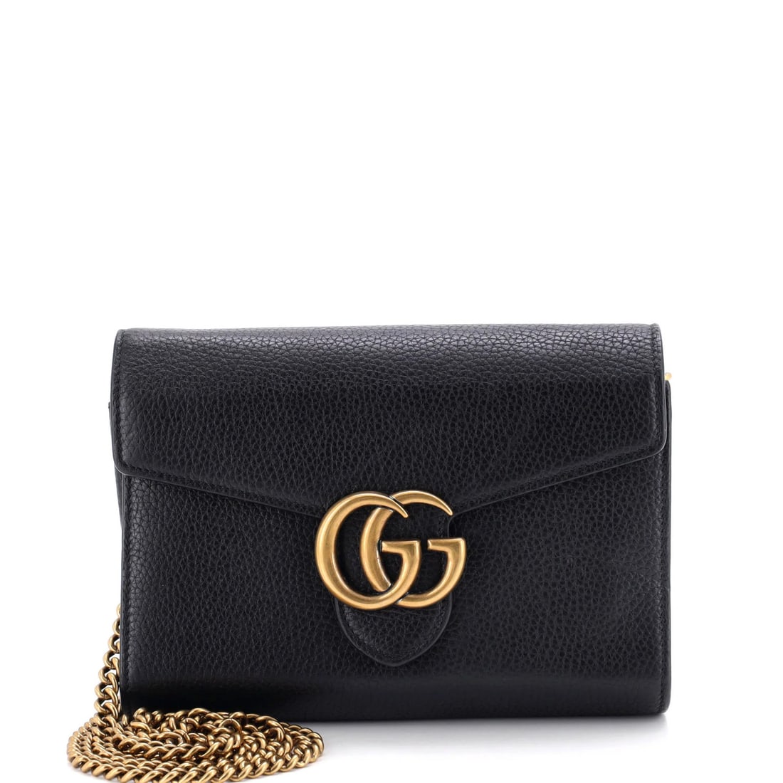 Marmont Chain Wallet Leather Mini Gucci: Marmont Chain Wallet Leather Mini Gucci Black leather mini clutch with gold hardware, featuring the iconic GG Marmont chain wallet design, measures 5" in height and 7.5" in width, with a 12" handle