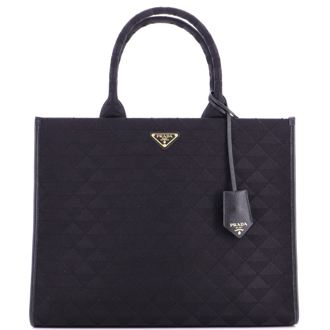 Tote Shopper Large Prada Symbole Jacquard: Tote Shopper Large Prada Symbole Jacquard Large Prada Symbole Jacquard Tote in Black. This large Symbole Shopper tote features a striking Jacquard exterior in black, with gold hardware adding a touch