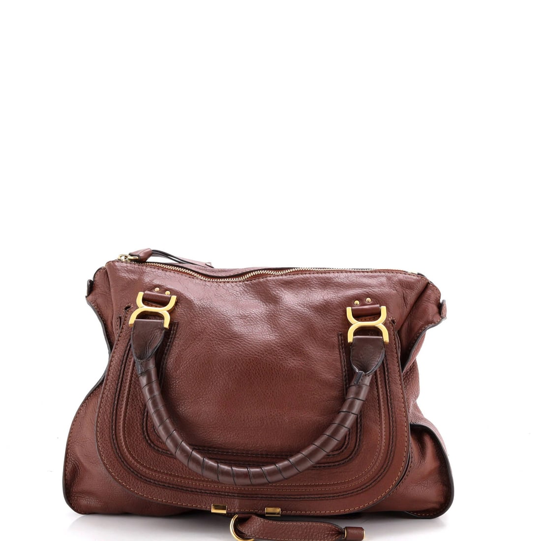 Large Leather Chloe Marcie Shoulder Bag: Large Leather Chloe Marcie Shoulder Bag Brown leather Chloe Marcie shoulder bag with a classic design, featuring a large size and gold hardware. The bag has a rich, worn look with scuffs, creases, and
